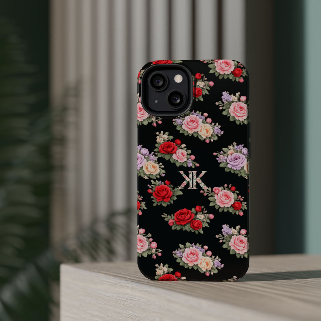 Anthos Collection BLACK Vintage Floral Rose Pattern Magnetic Impact-Resistant Phone Case