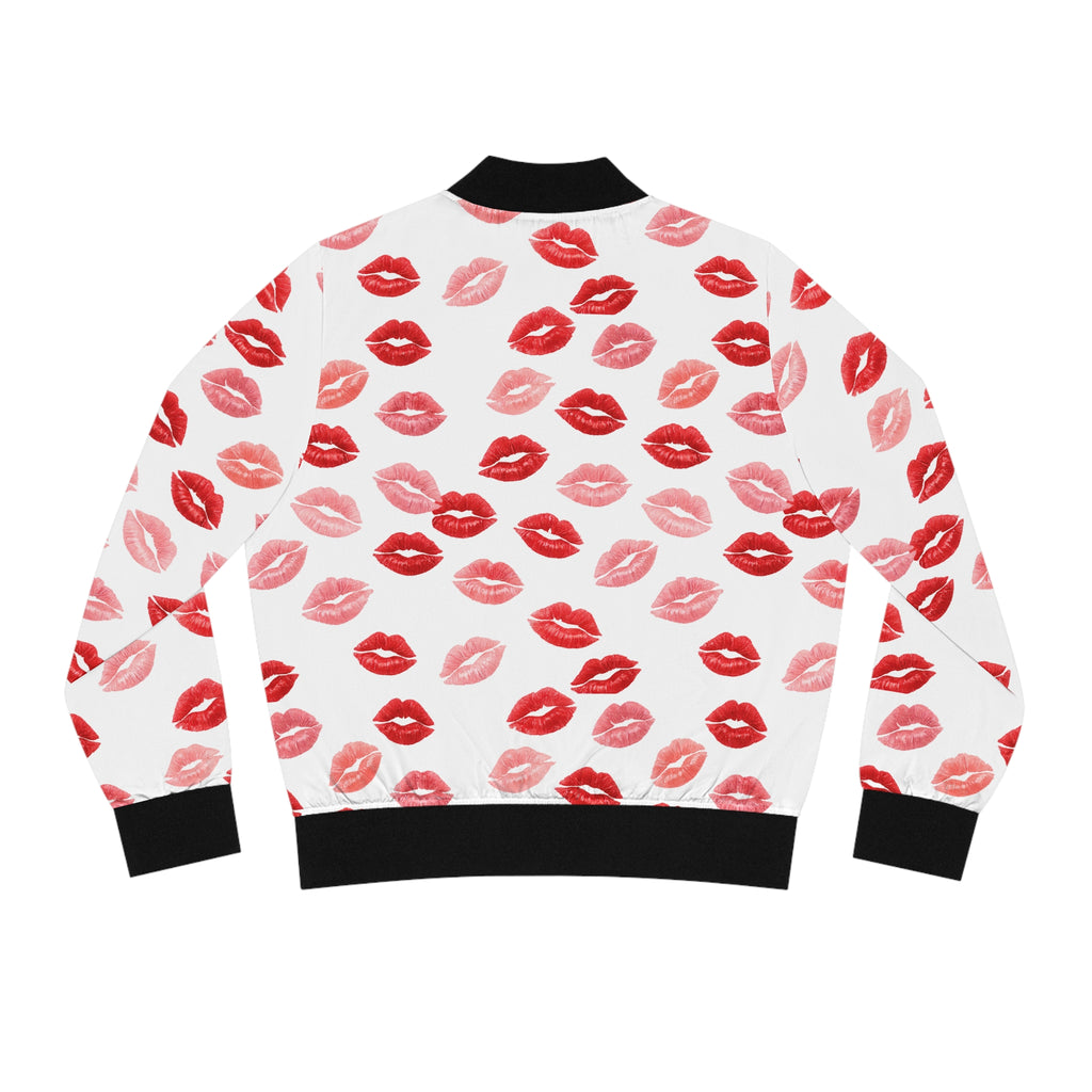 Psyche Collection White, Kiss Print Uni-Sex Bomber Jacket —  Lipstick Kisses Print