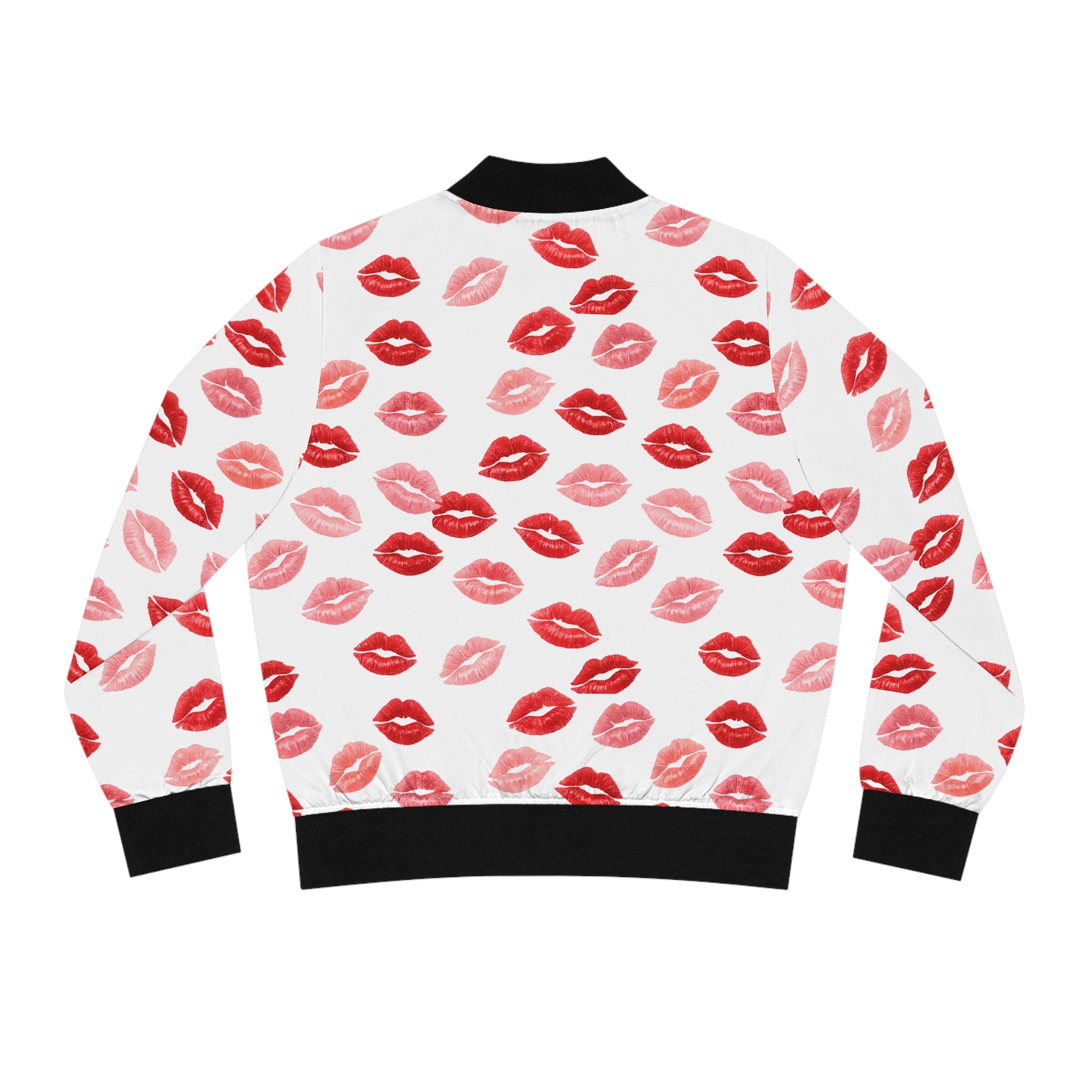 Psyche Collection White, Kiss Print Uni-Sex Bomber Jacket —  Lipstick Kisses Print