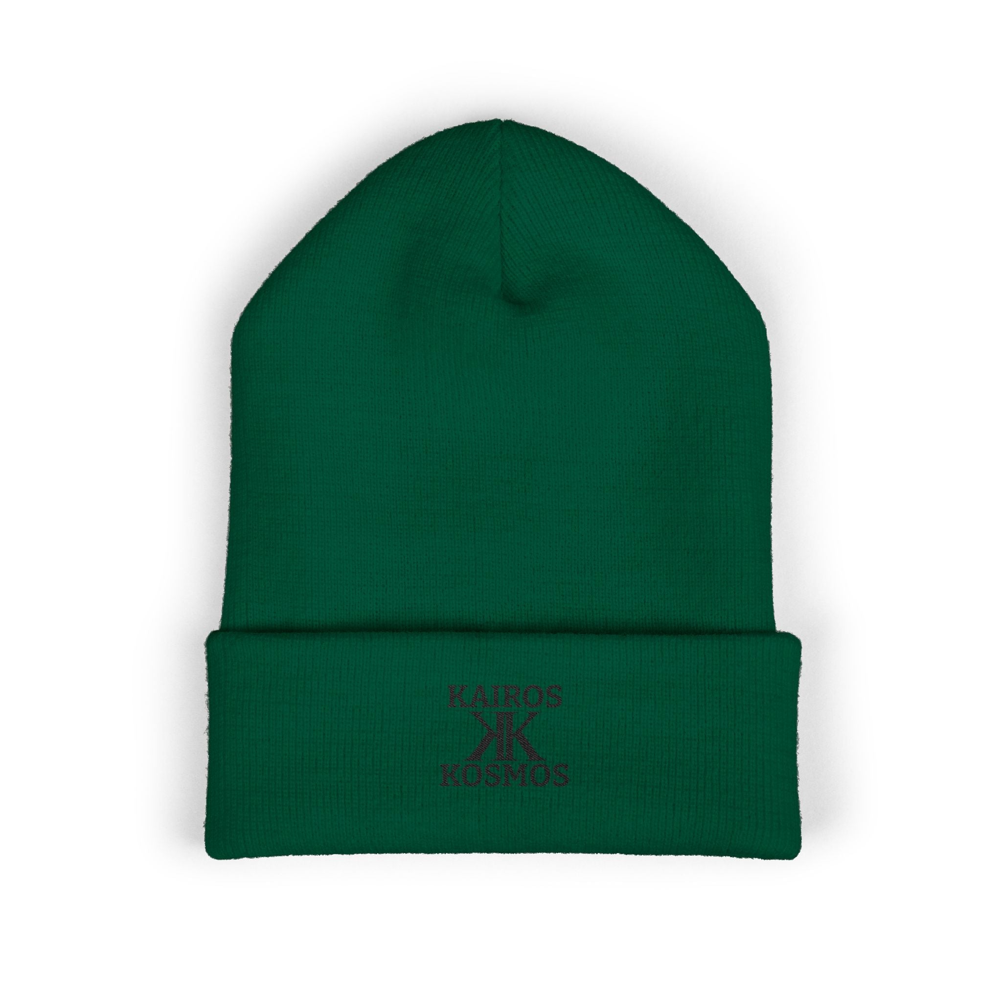 Kairos Kosmos Embroidered Cuffed Beanie — Minimal Logo Knit Hat