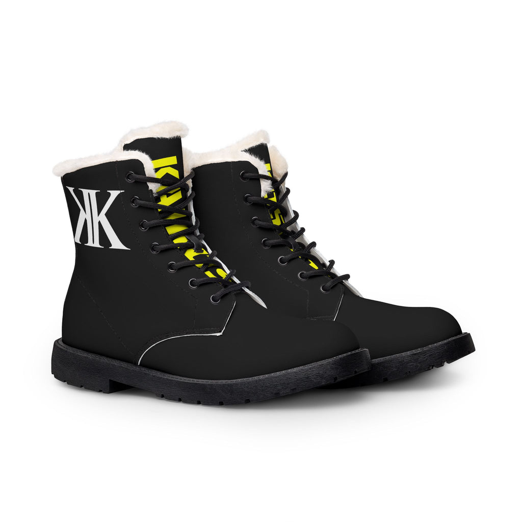 White Fur-Lined BLACK Leather Boots with White 'KK' Monogram