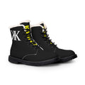 White Fur-Lined BLACK Leather Boots with White 'KK' Monogram