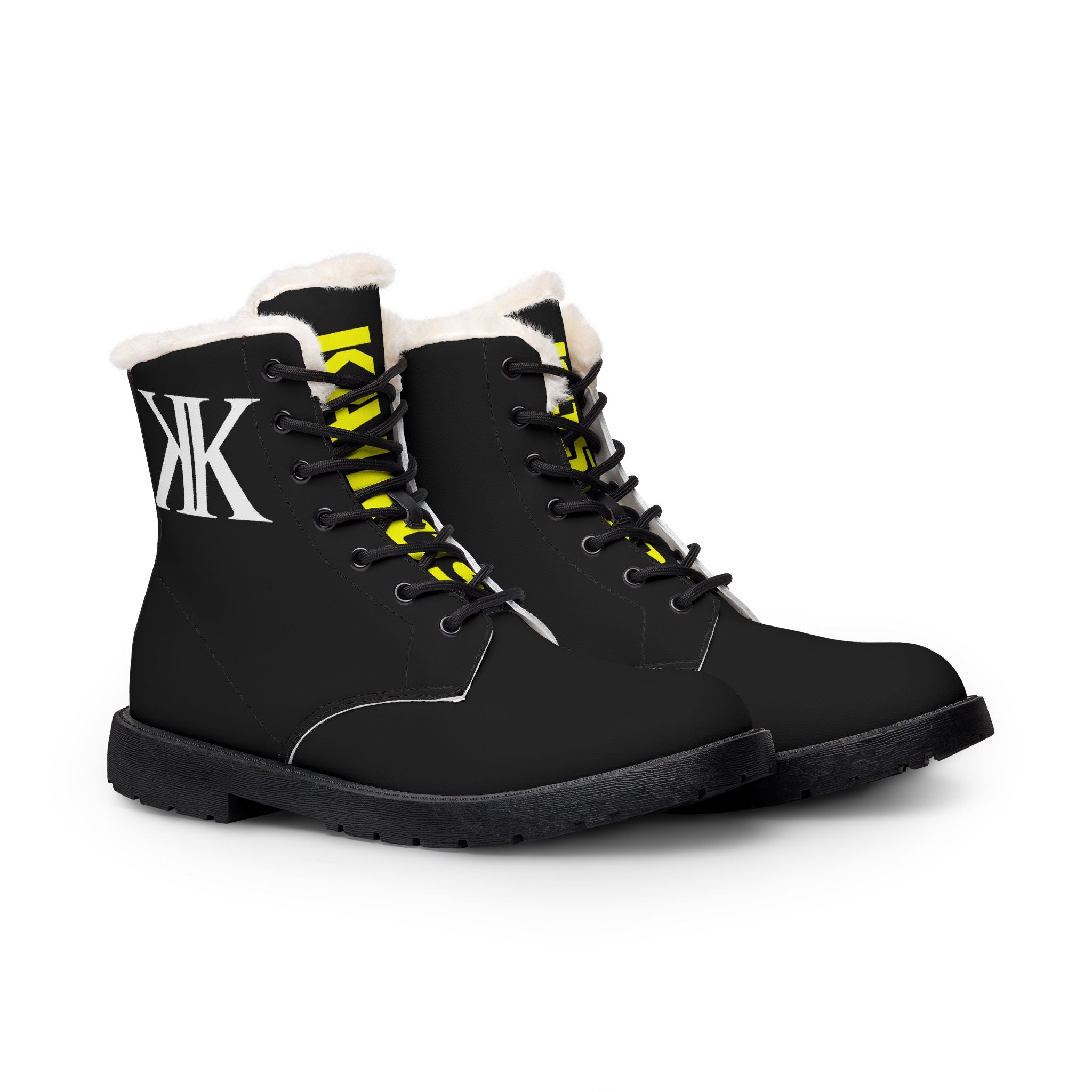 White Fur-Lined BLACK Leather Boots with White 'KK' Monogram