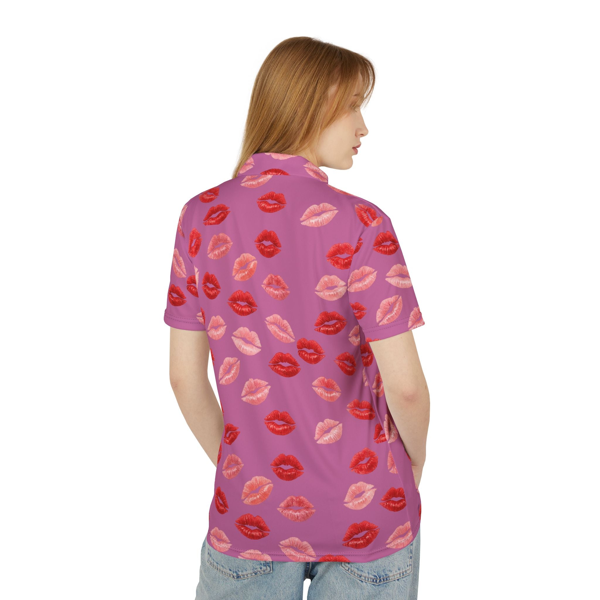 Psyche Collection Light Pink Kiss Print Polo Shirt — Allover Red Lip Pattern