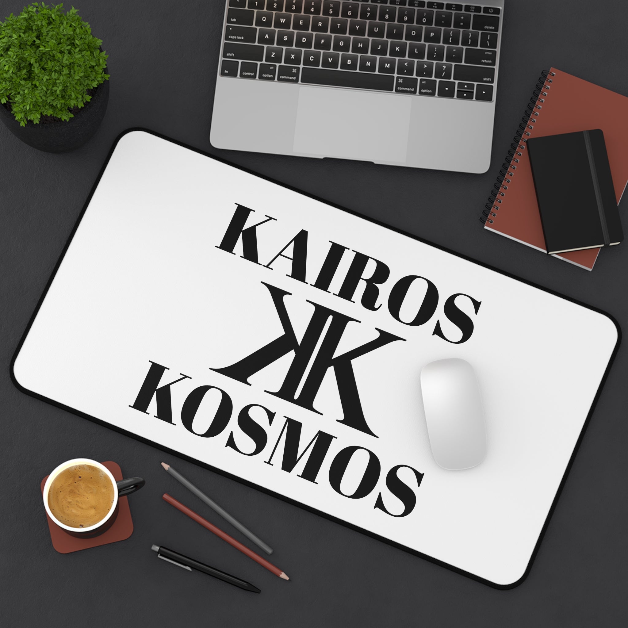 Desk Mat — Minimalist 'KAIROS KOSMOS' Black & White Logo Desk Mat