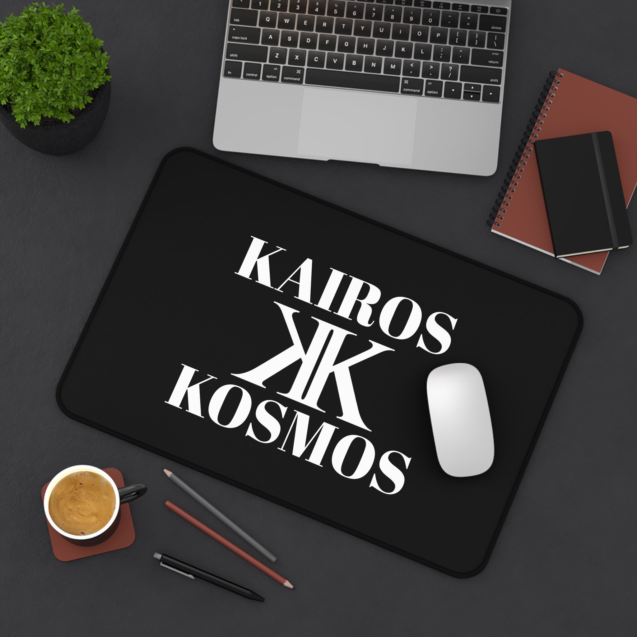 Desk Mat BLACK — Minimalist 'KAIROS KOSMOS' Black & White Logo Desk Mat