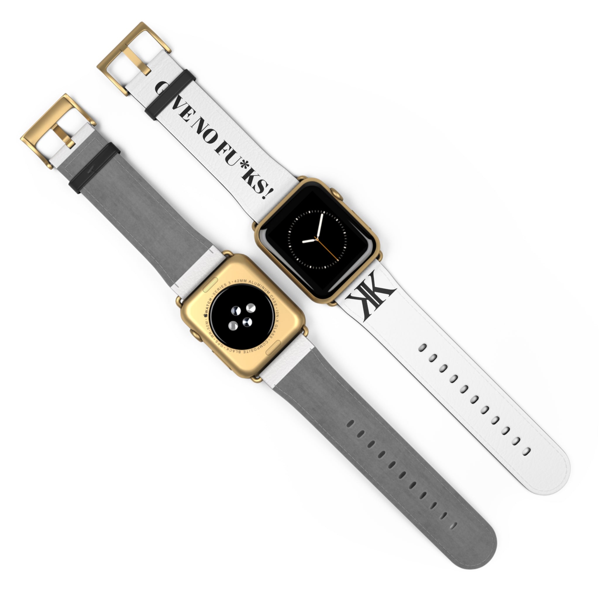 Watch Band — White Leather Strap with "GIVE NO FU*KS!" Text