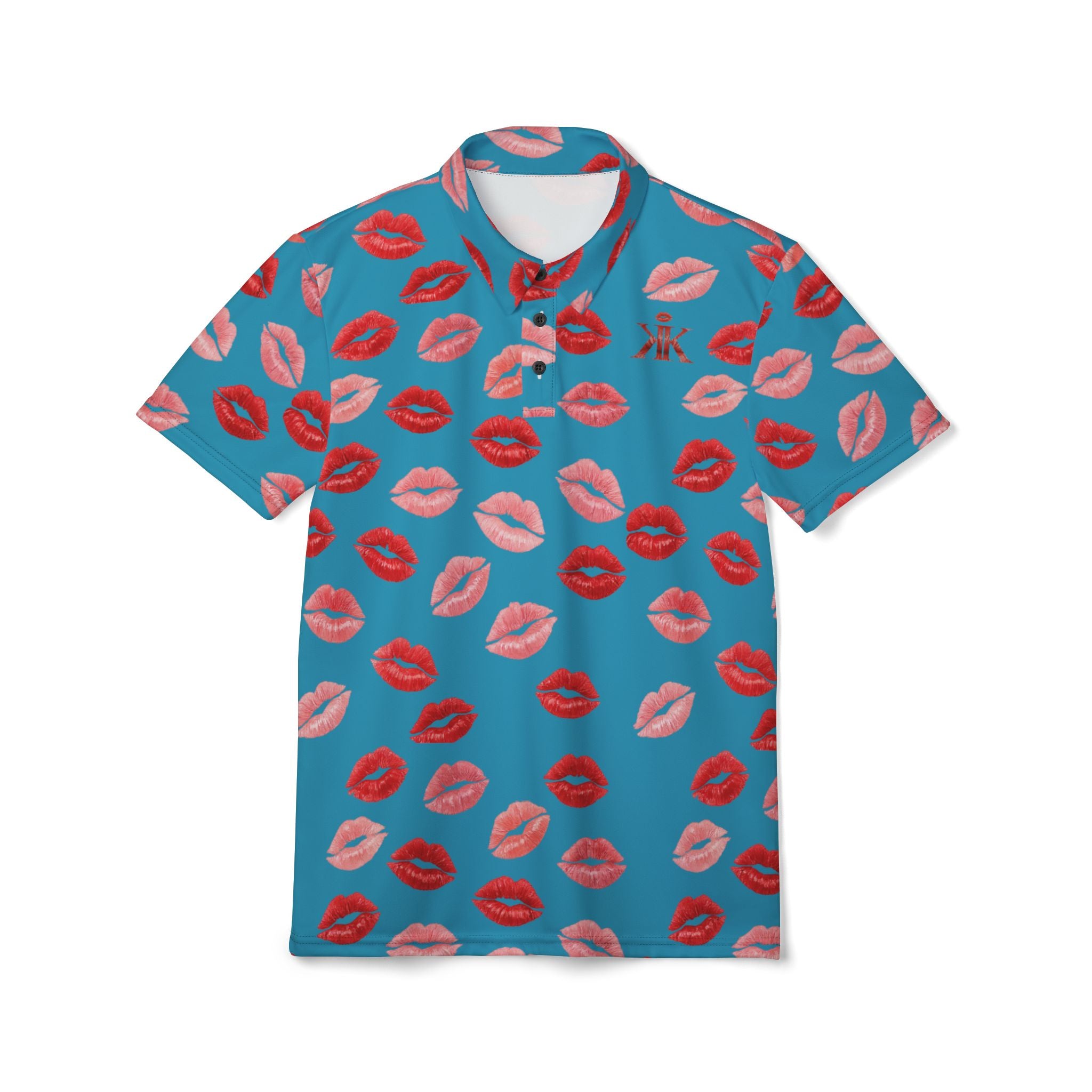 Psyche Collection Turquoise Kiss Print Polo Shirt — Allover Red Lip Pattern