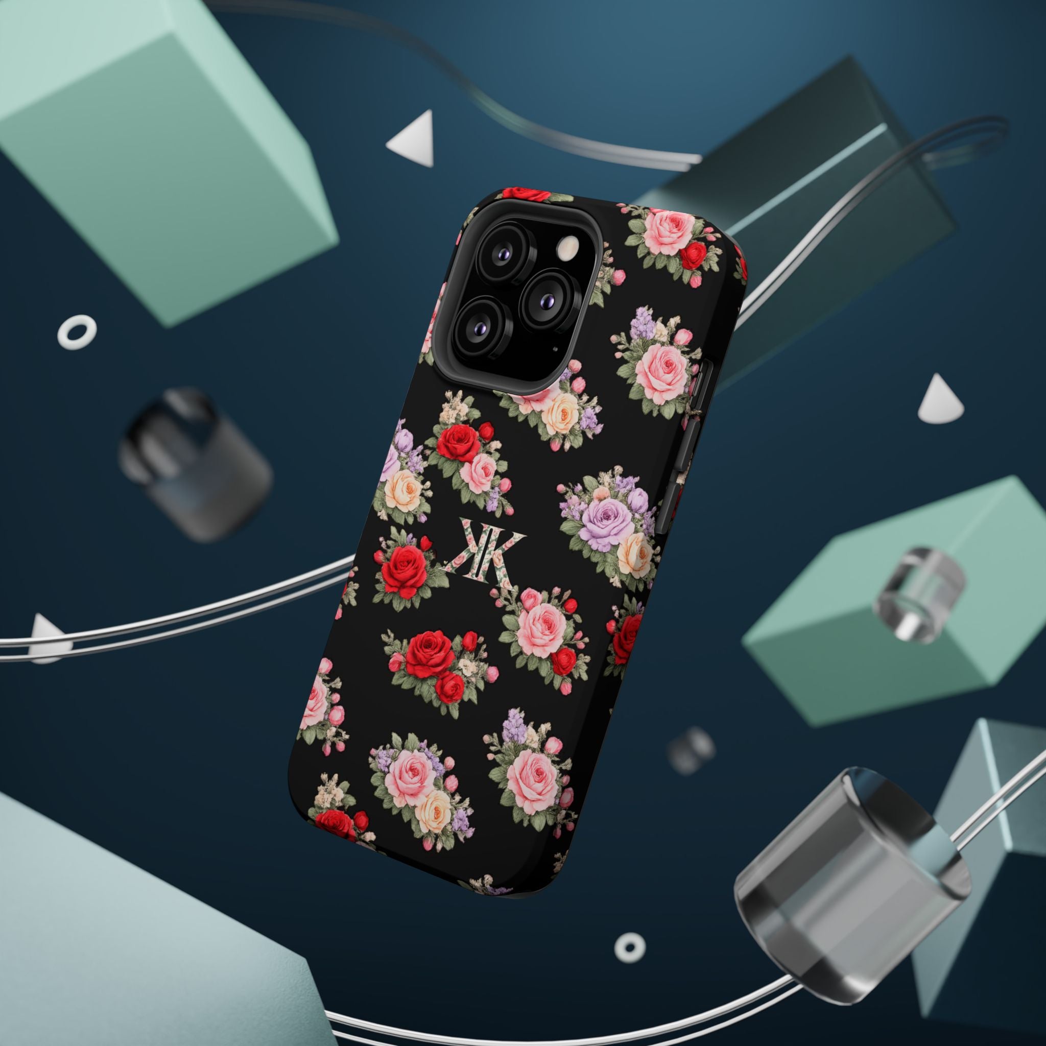 Anthos Collection BLACK Vintage Floral Rose Pattern Magnetic Impact-Resistant Phone Case