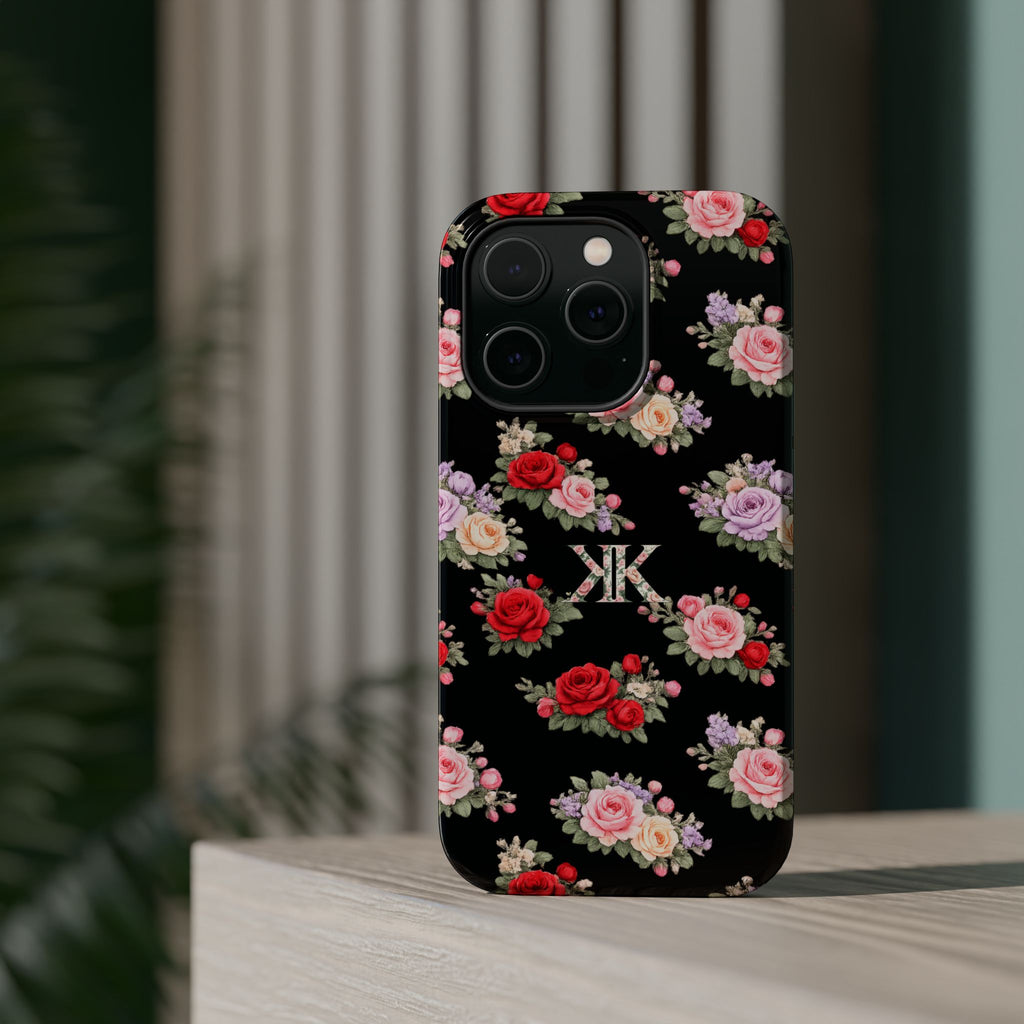 Anthos Collection BLACK Vintage Floral Rose Pattern Magnetic Impact-Resistant Phone Case