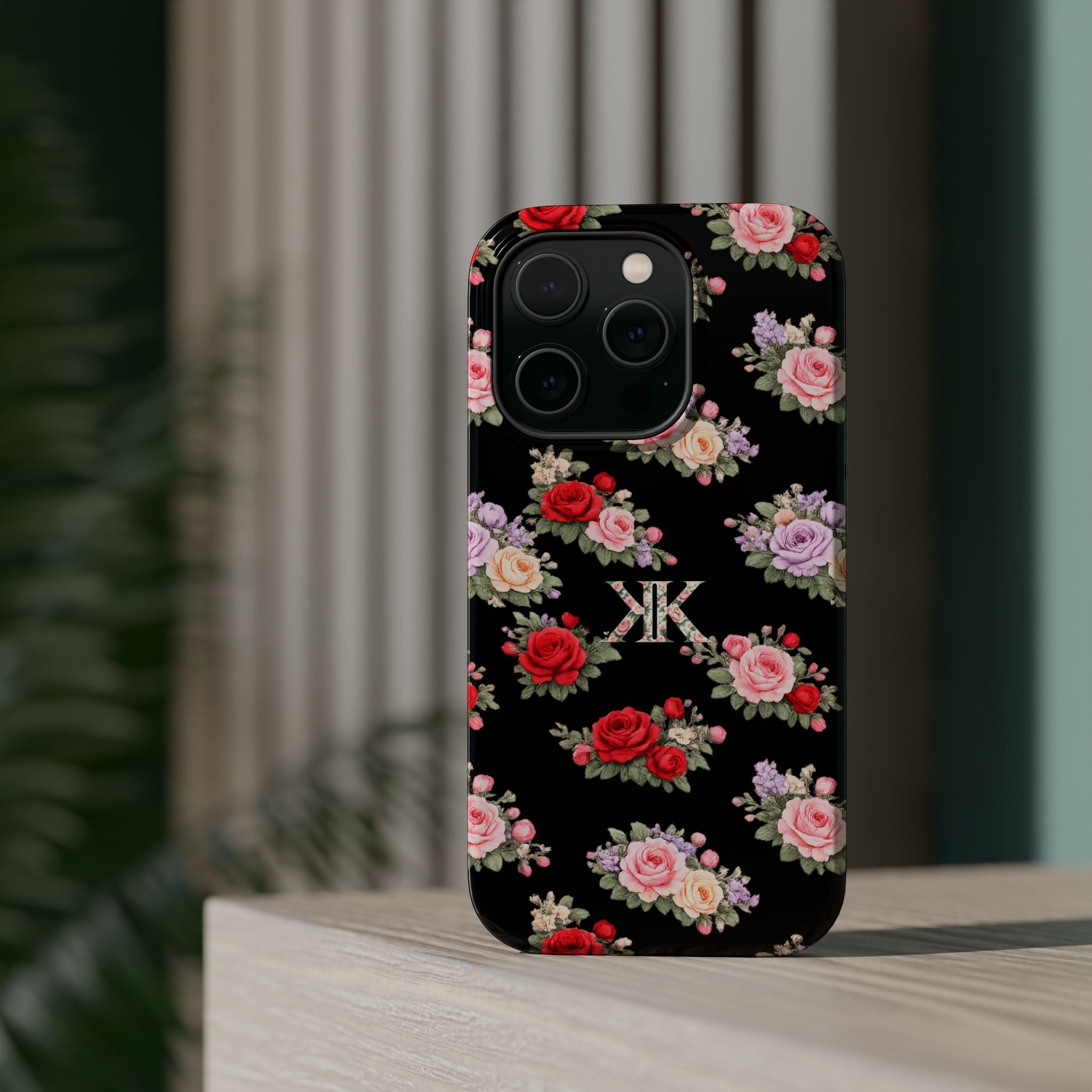 Anthos Collection BLACK Vintage Floral Rose Pattern Magnetic Impact-Resistant Phone Case