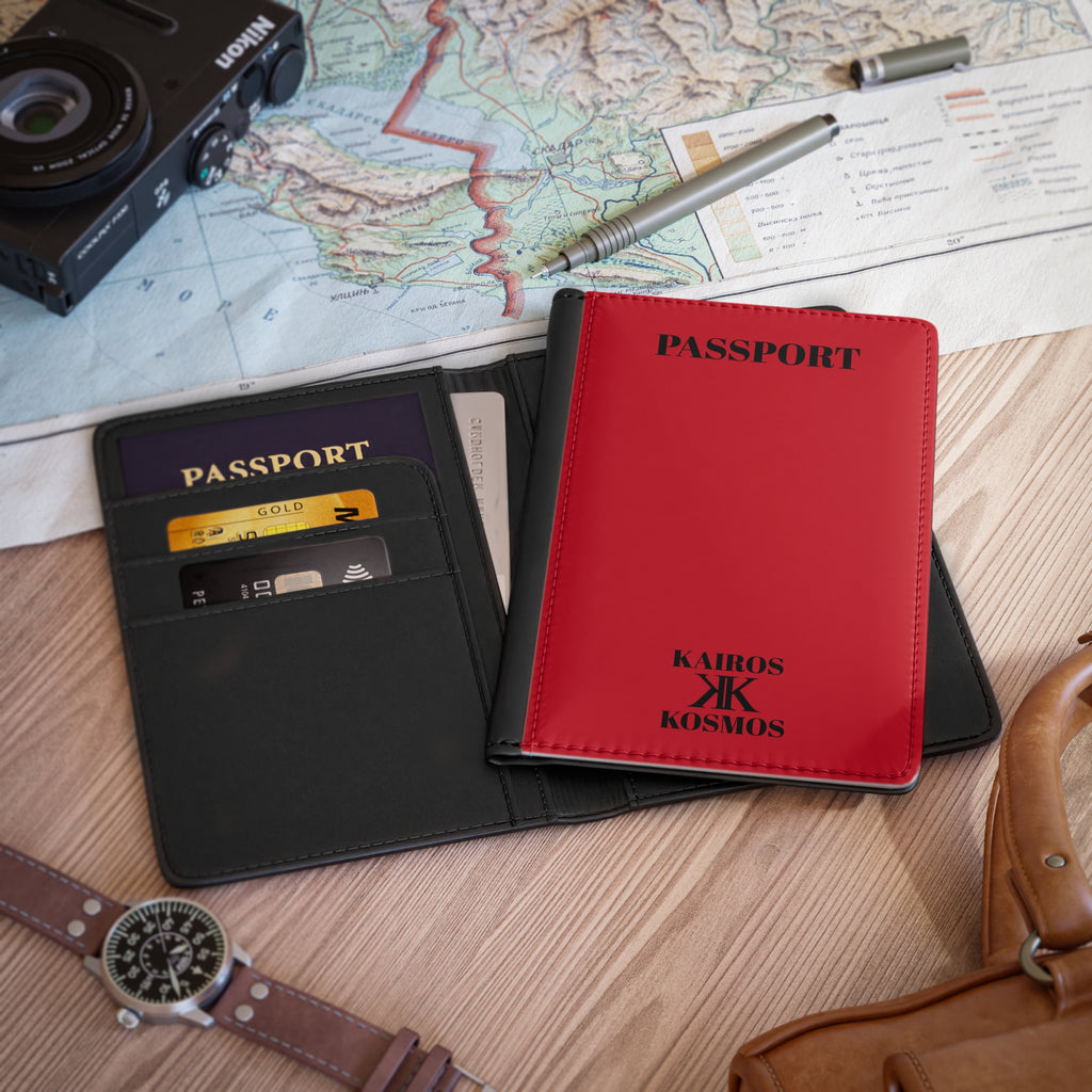 Passport Cover RED- Minimal 'PASSPORT' Text with Kairos Kosmos Logo