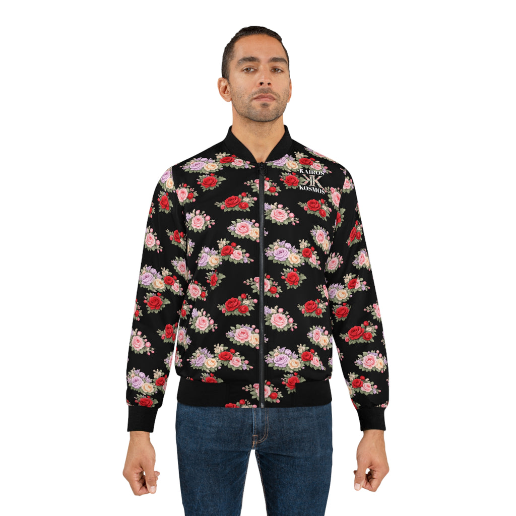 Anthos Collection Floral Rose BLACK Bomber Jacket — Vintage Pink & Red All-Over Print