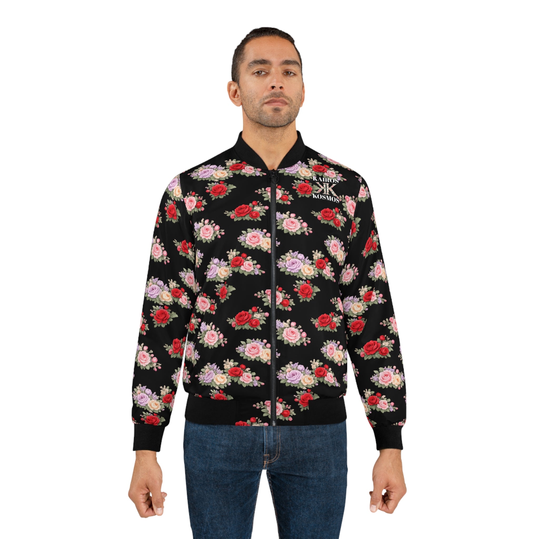 Anthos Collection Floral Rose BLACK Bomber Jacket — Vintage Pink & Red All-Over Print