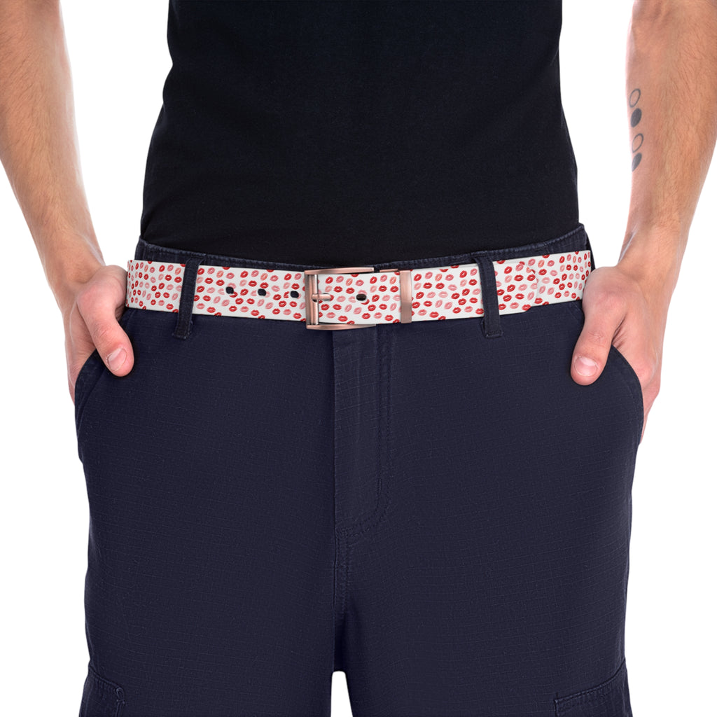 Psyche Collection Women's White Pink And Red Lip Print Belt – Cute Kiss Pattern Fashion Belt