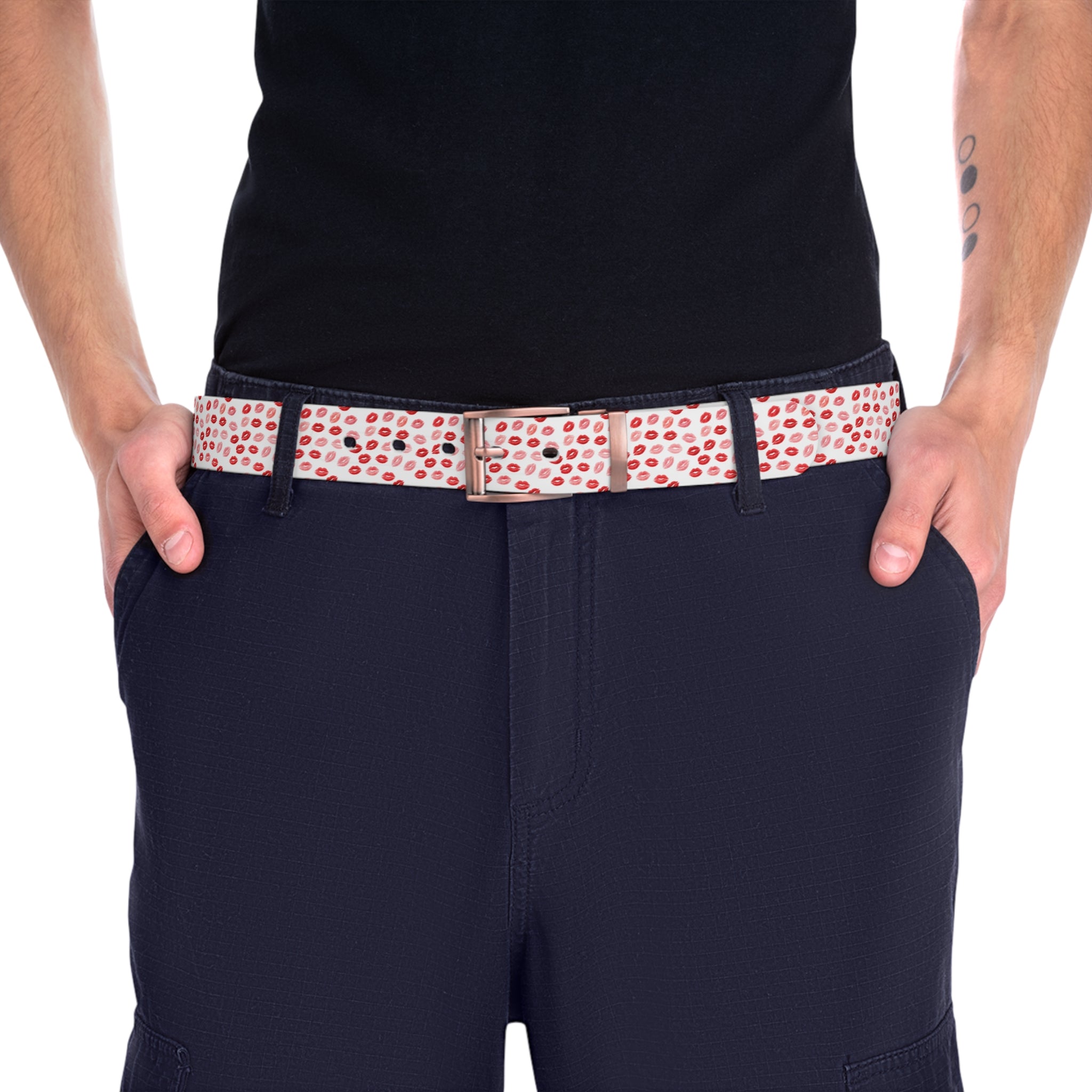 Psyche Collection Women's White Pink And Red Lip Print Belt – Cute Kiss Pattern Fashion Belt