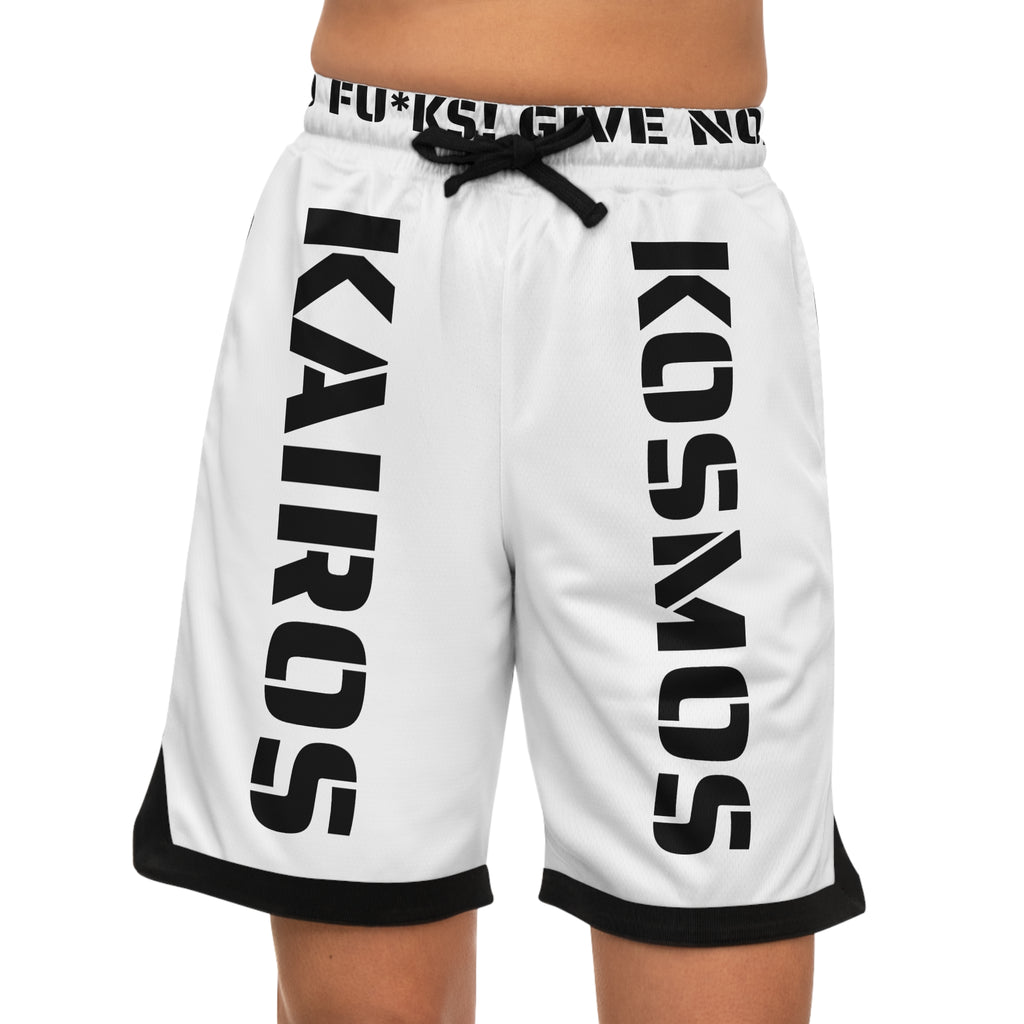 Kairos Kosmos Basketball Shorts — Bold White AOP Athletic Shorts with 'KOSMOS' Side Print