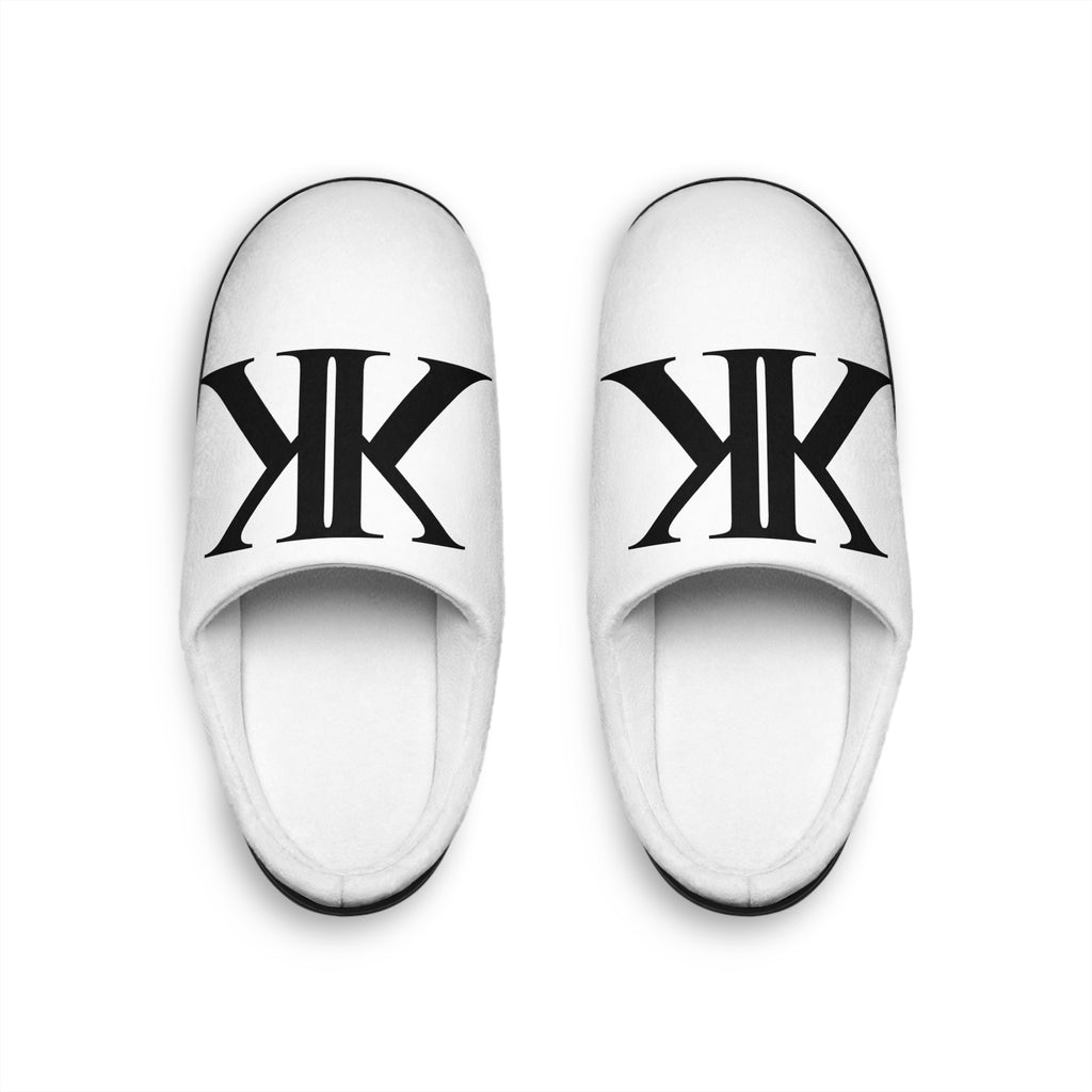 Men's White Indoor Slippers with Bold Black Monogram 'K' — Cozy House Shoes