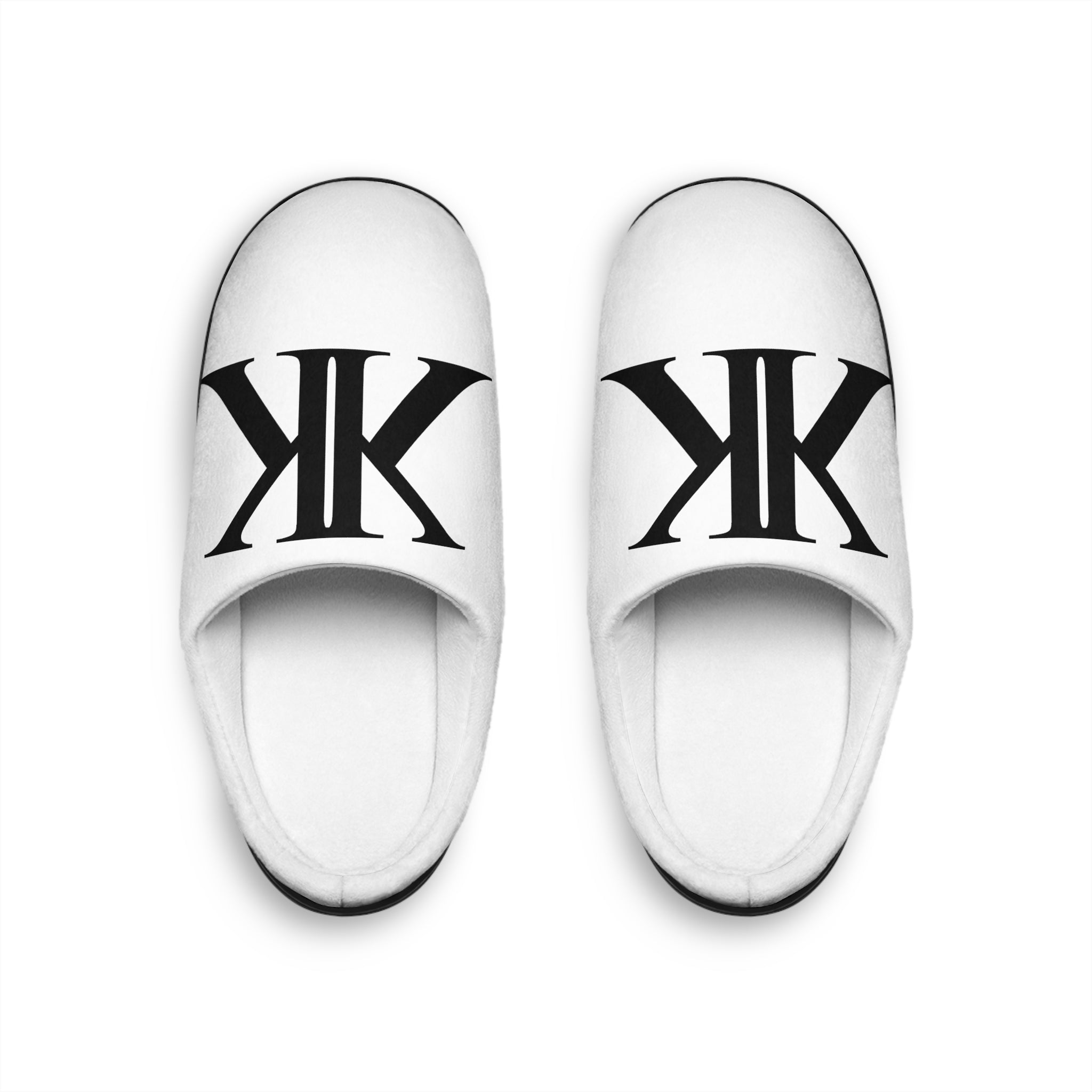 Men's White Indoor Slippers with Bold Black Monogram 'K' — Cozy House Shoes