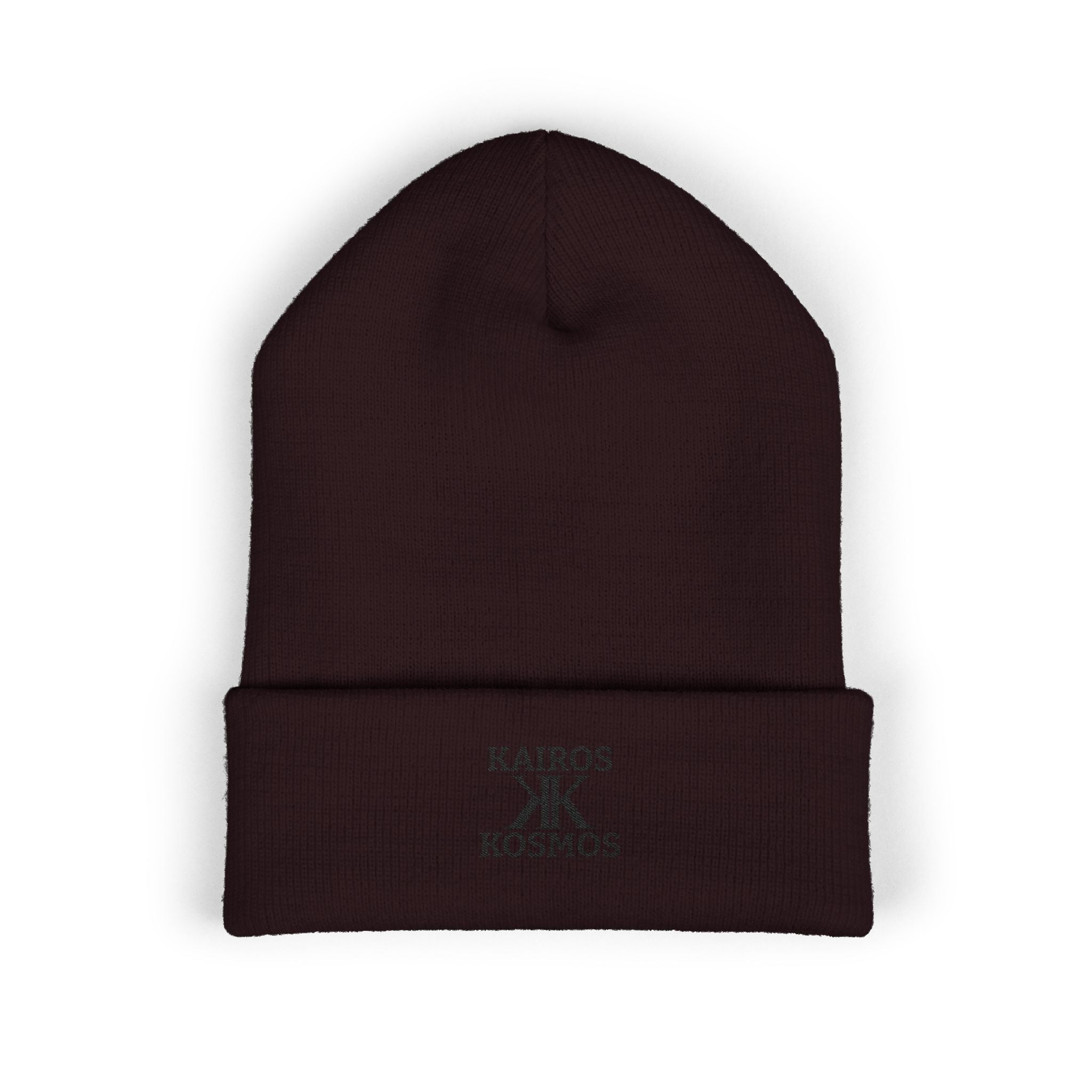Kairos Kosmos Embroidered Cuffed Beanie — Minimal Logo Knit Hat