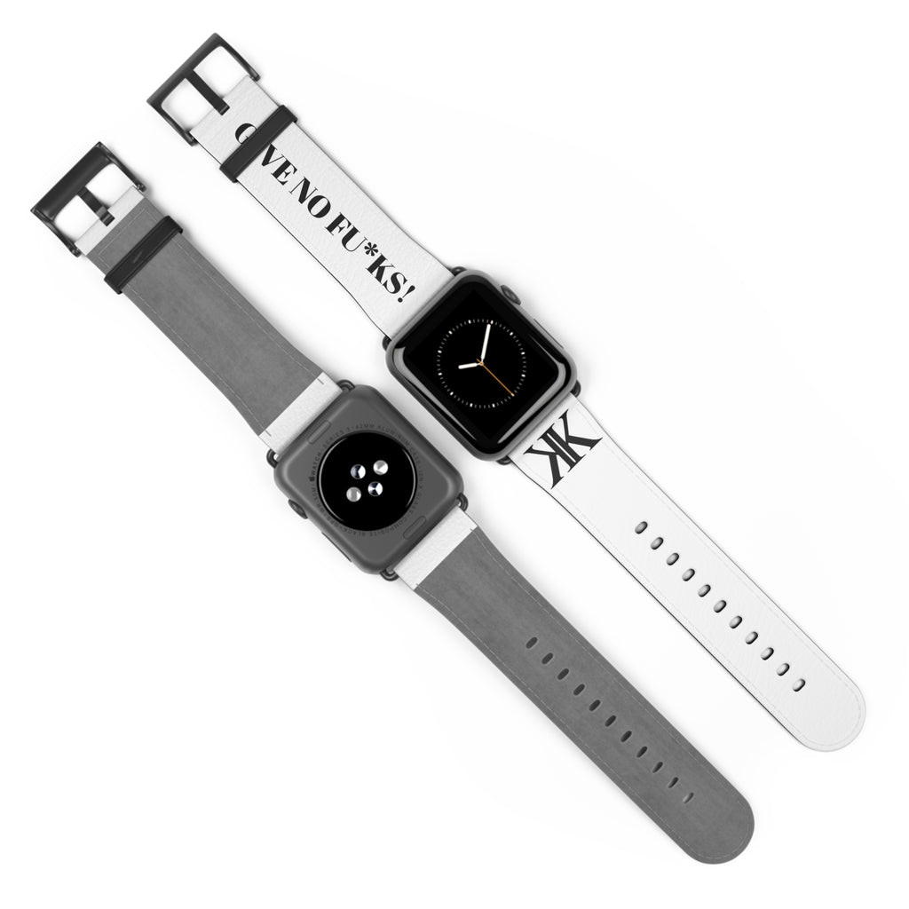 Watch Band — White Leather Strap with "GIVE NO FU*KS!" Text