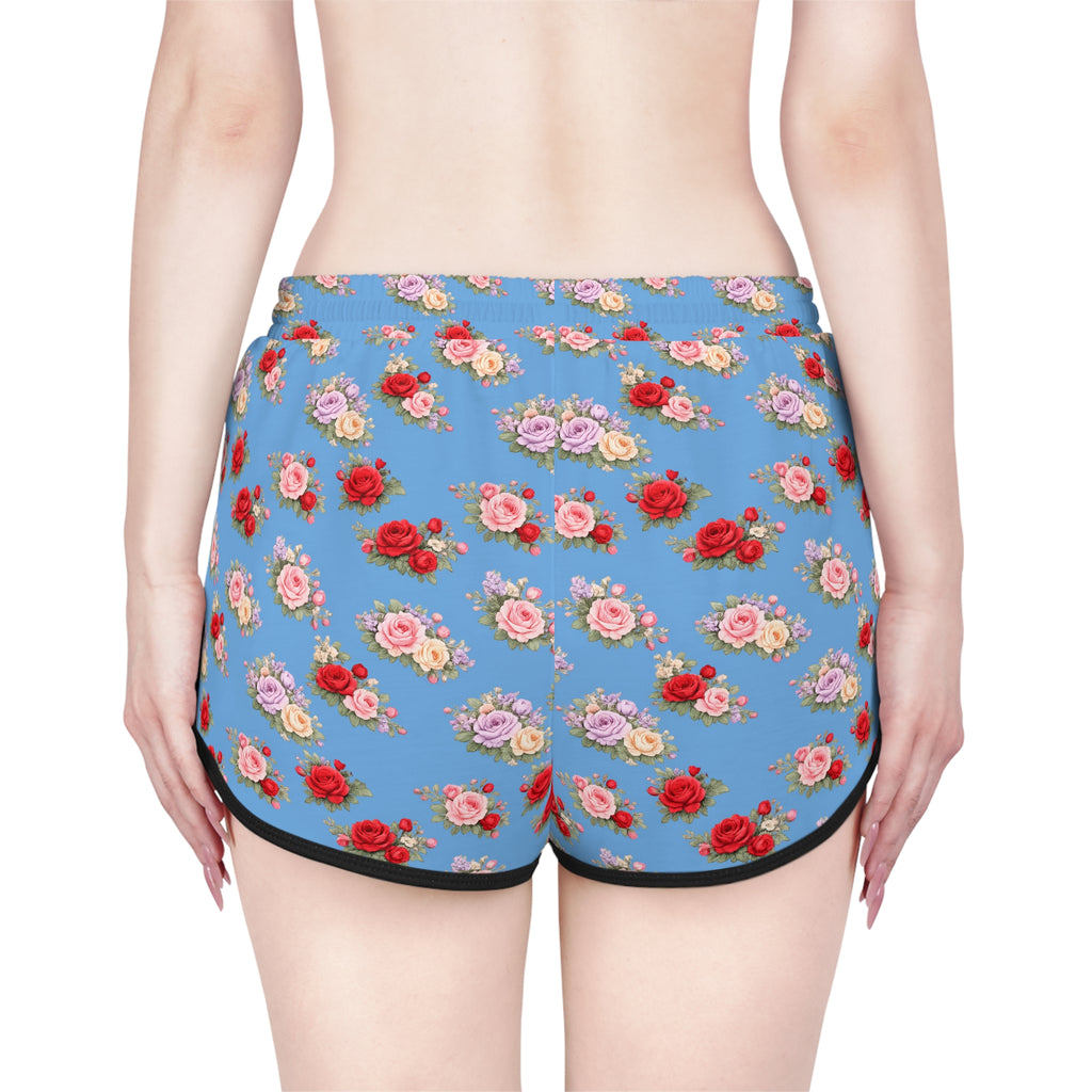 Anthos Collection Light Blue Floral Stretch Women's Relaxed Shorts — Vintage Pink & Red Rose All-Over Print