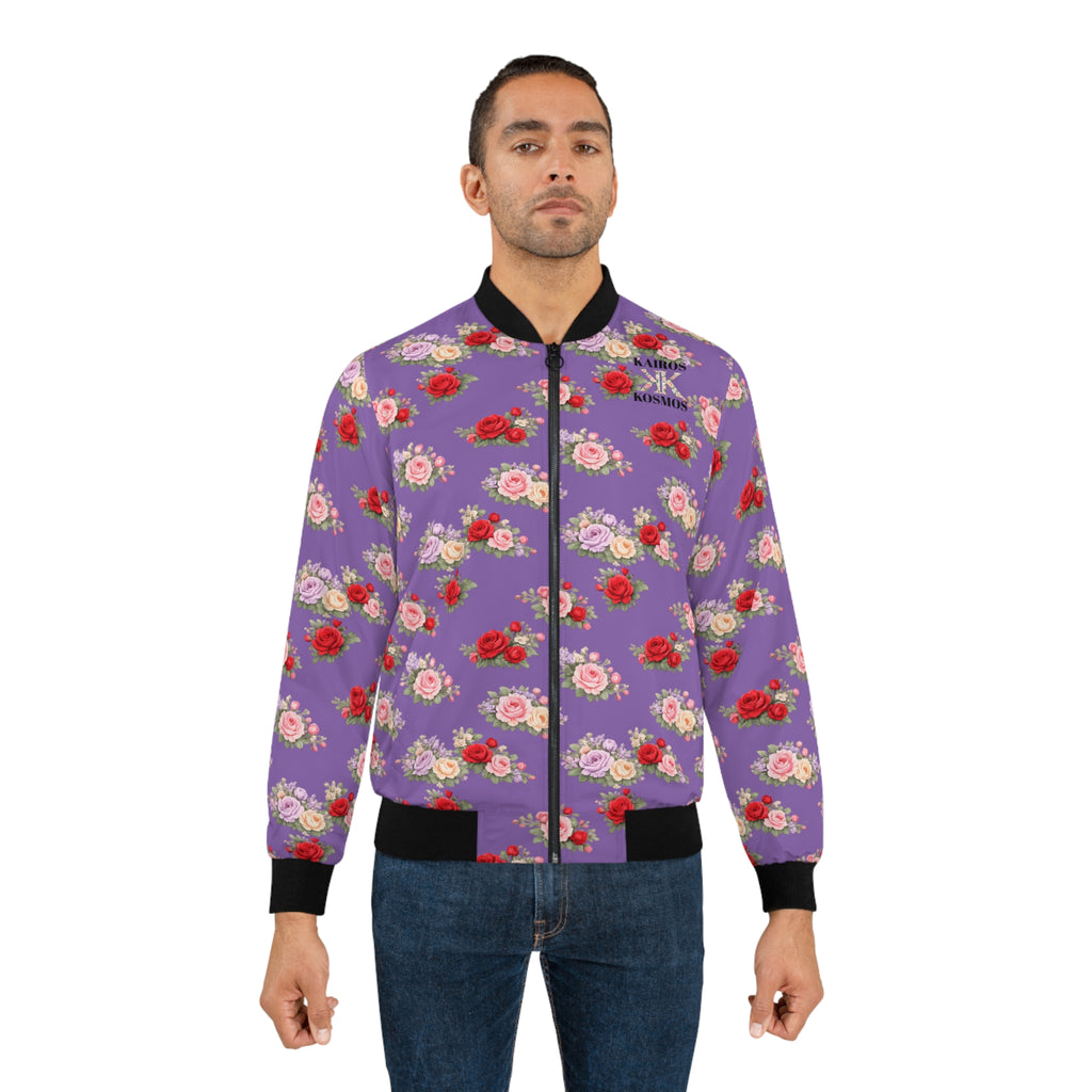 Anthos Collection Floral Rose Light Purple Bomber Jacket — Vintage Pink & Red All-Over Print