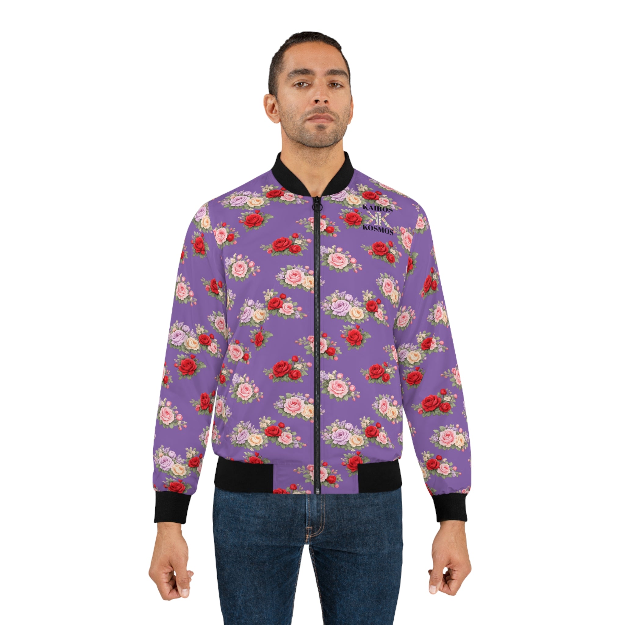 Anthos Collection Floral Rose Light Purple Bomber Jacket — Vintage Pink & Red All-Over Print