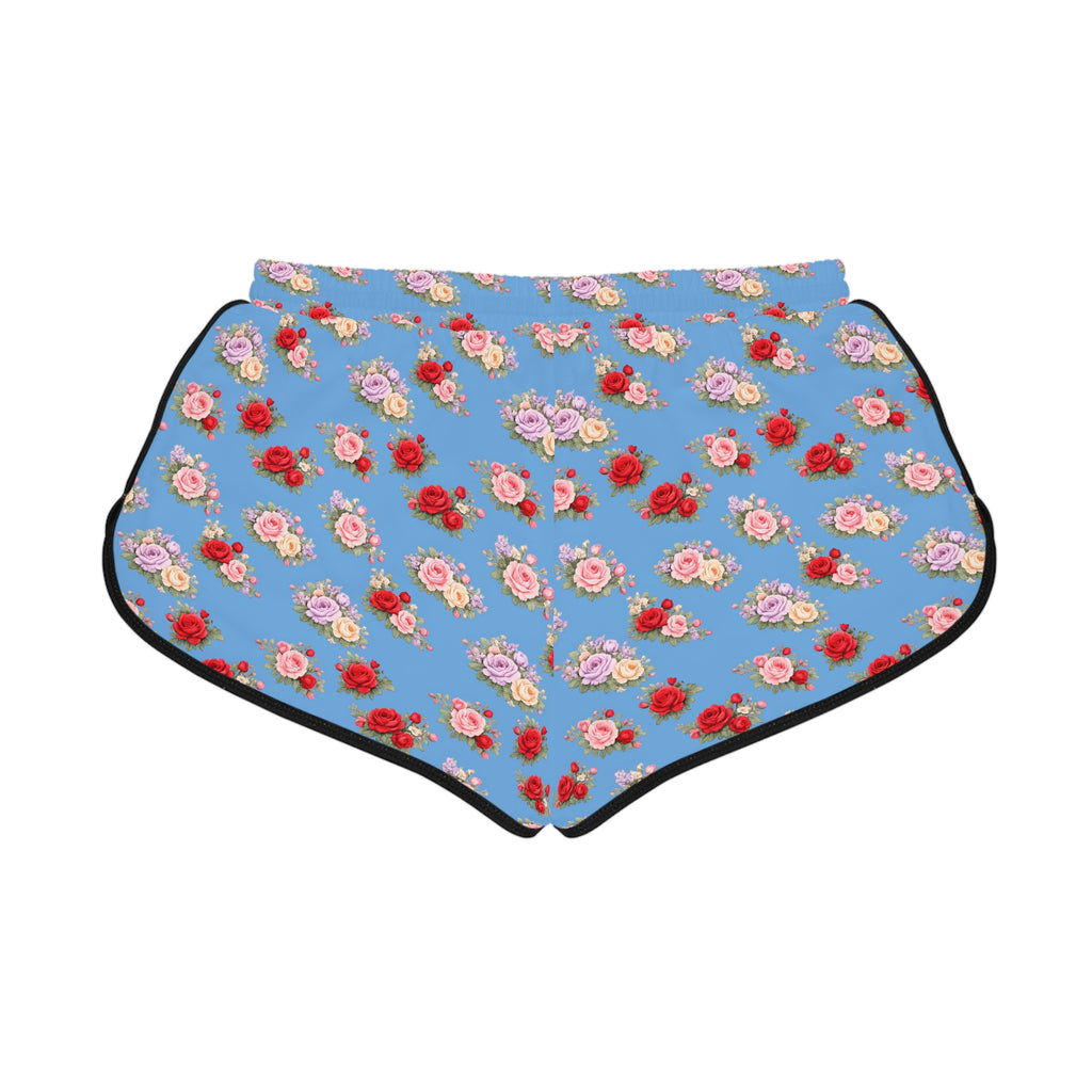Anthos Collection Light Blue Floral Stretch Women's Relaxed Shorts — Vintage Pink & Red Rose All-Over Print