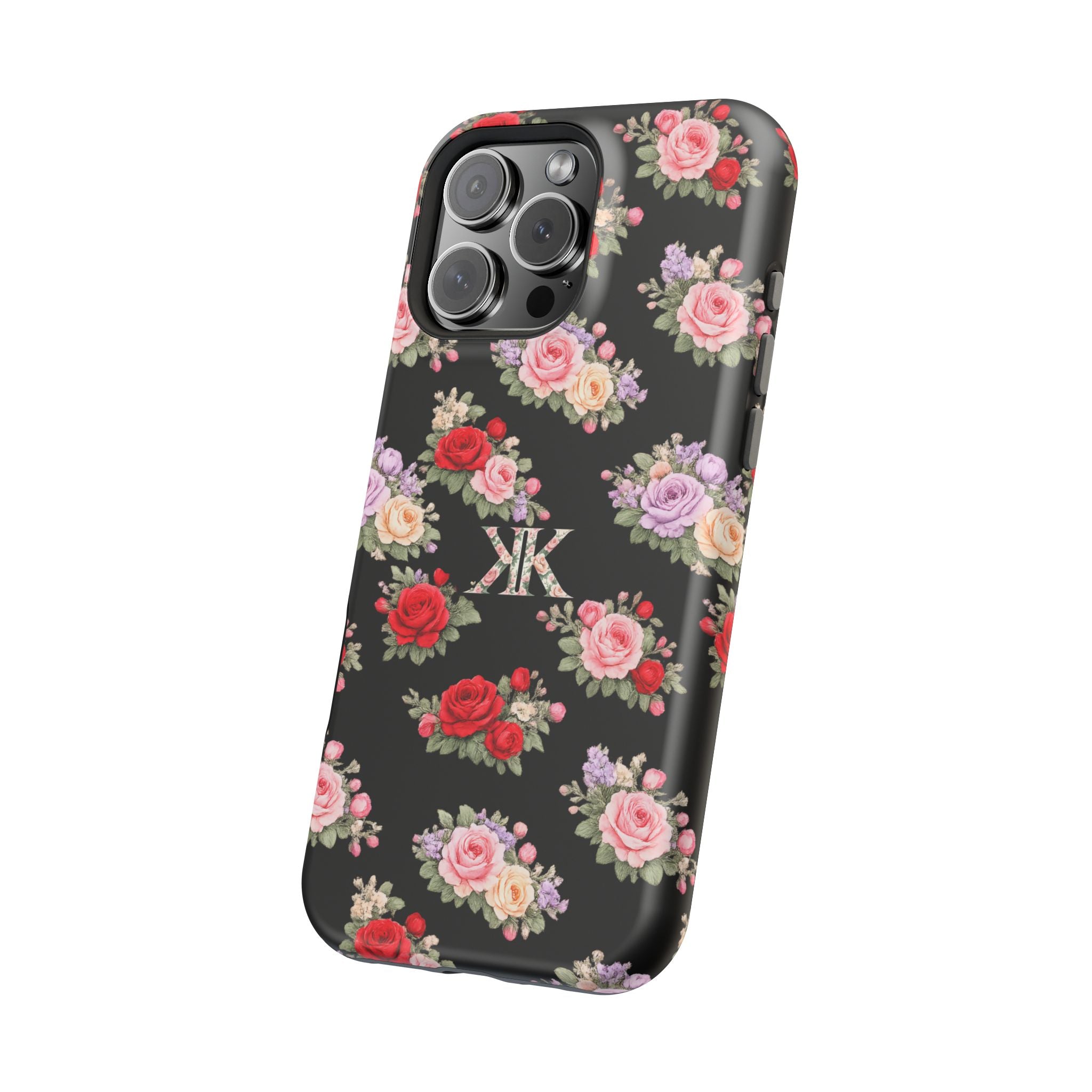 Anthos Collection BLACK Vintage Floral Rose Pattern Magnetic Impact-Resistant Phone Case