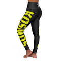 High-Waisted BLACK Yoga Leggings — Bold Yellow Side Script, Logo Waistband