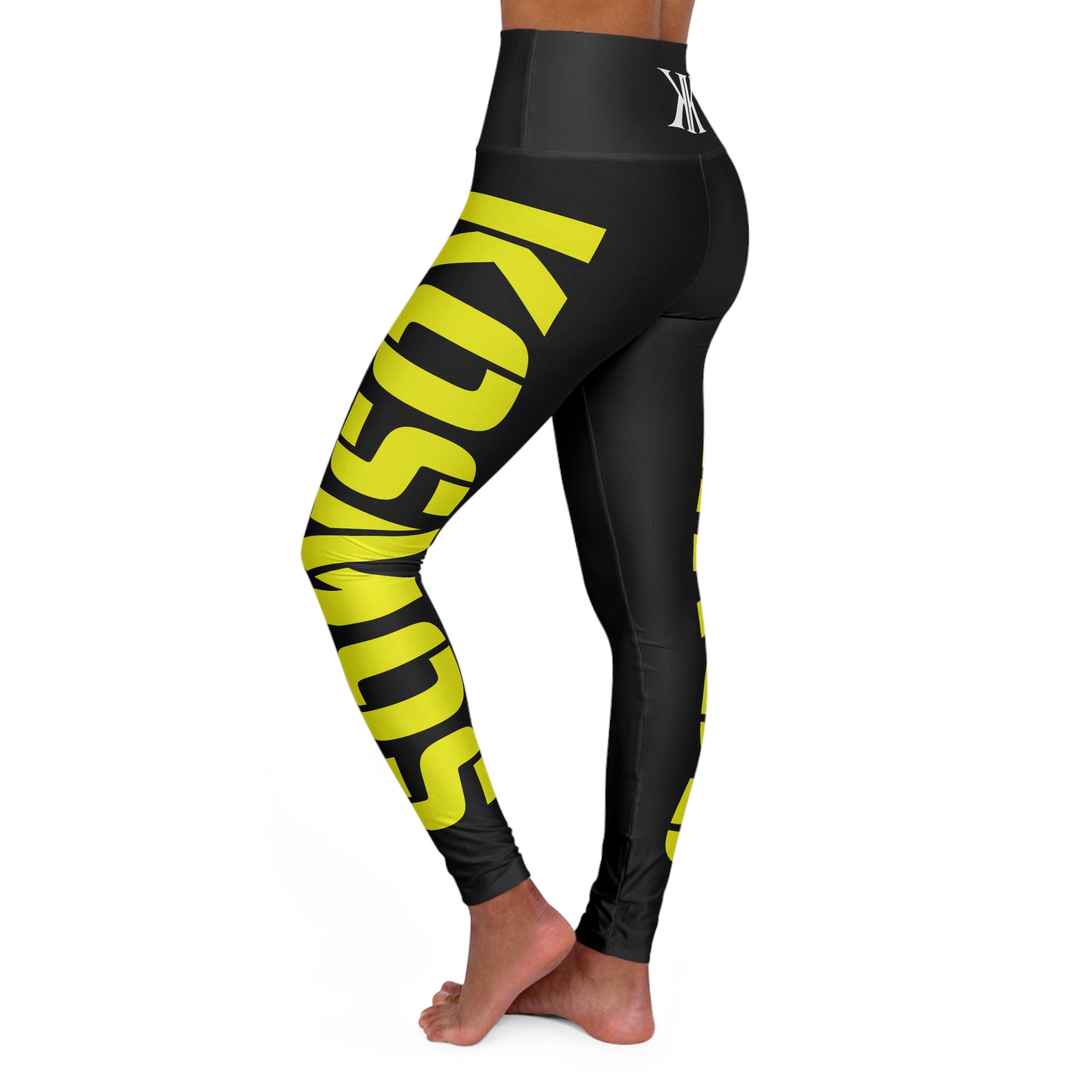 High-Waisted BLACK Yoga Leggings — Bold Yellow Side Script, Logo Waistband