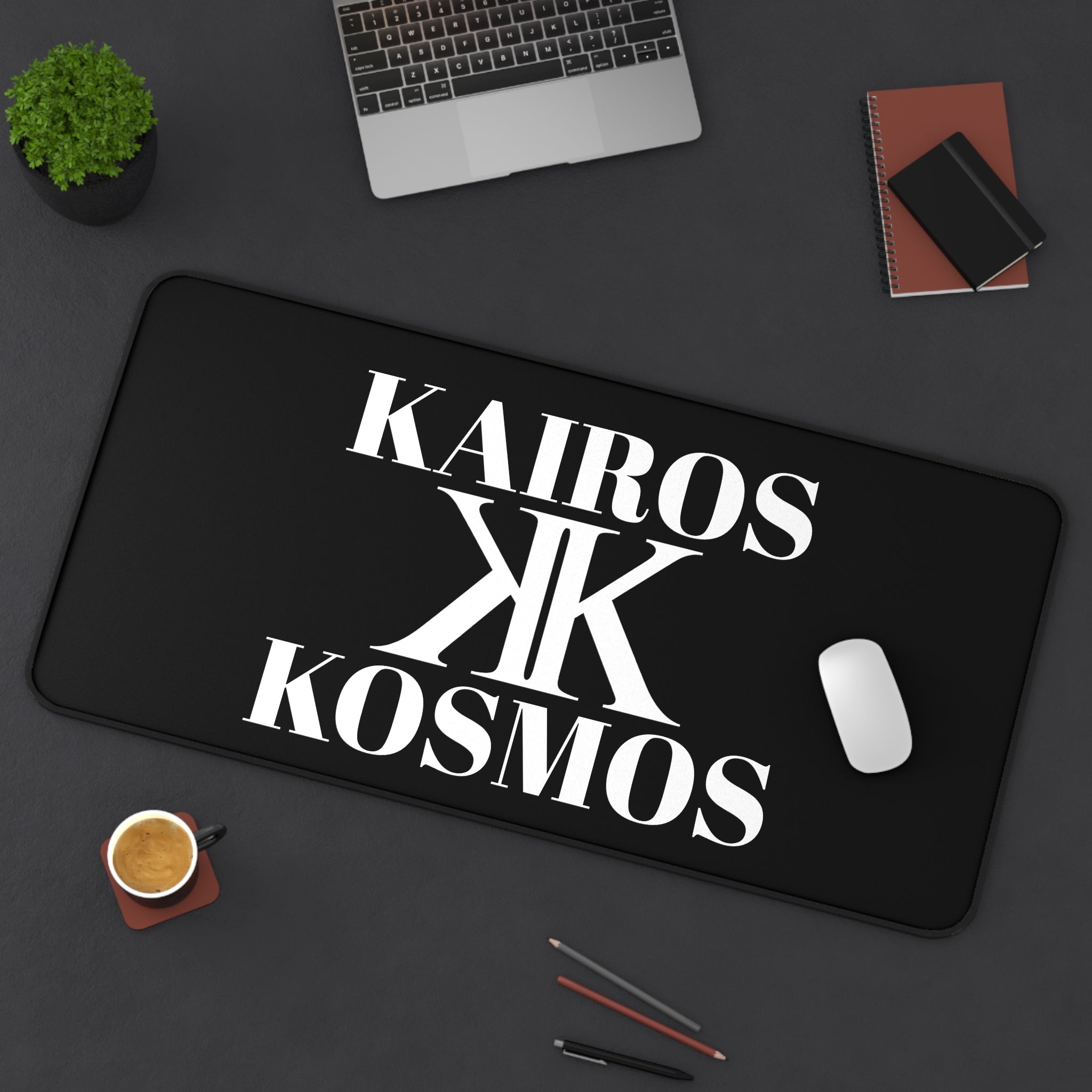Desk Mat BLACK — Minimalist 'KAIROS KOSMOS' Black & White Logo Desk Mat