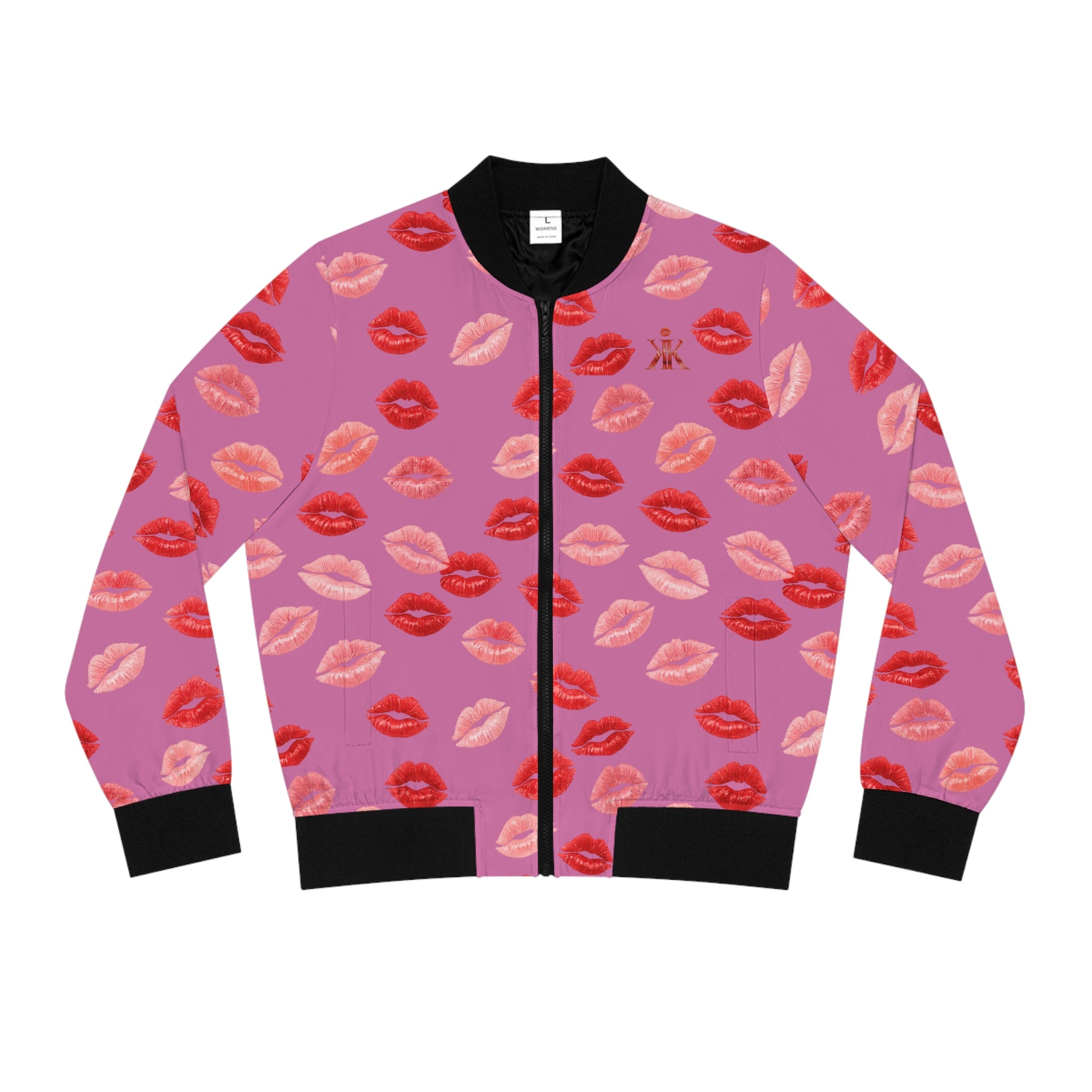 Psyche Collection Light Pink, Kiss Print Uni-Sex Bomber Jacket —  Lipstick Kisses Print