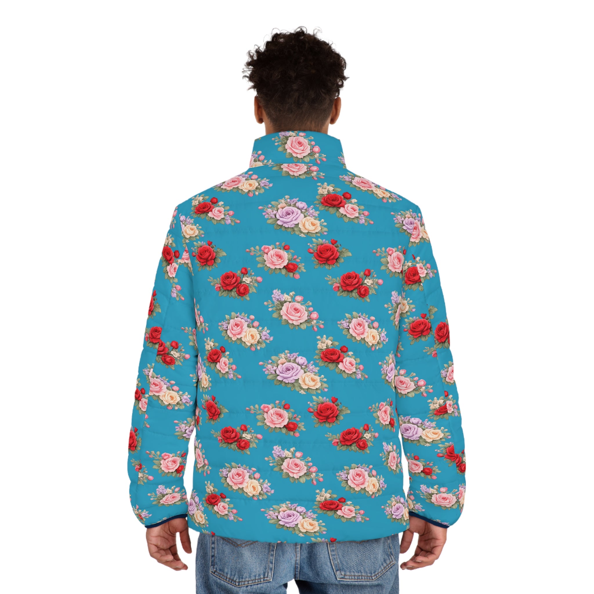 Anthos Collection Turquoise Floral Puffer Jacket - Vintage Rose All-Over Print