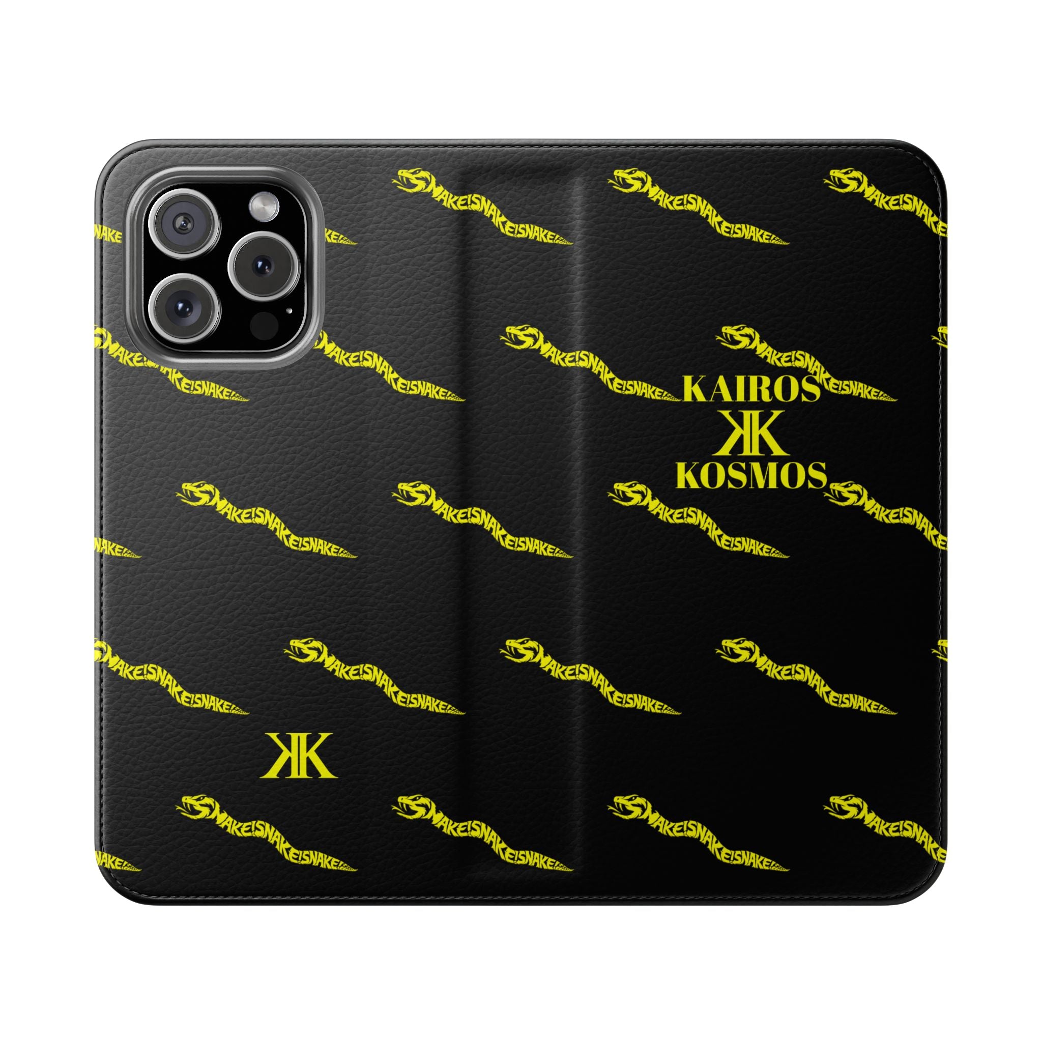 Aspis Collection Flip Case Phone Wallet — Black & Gold Kairos Kosmos Pattern