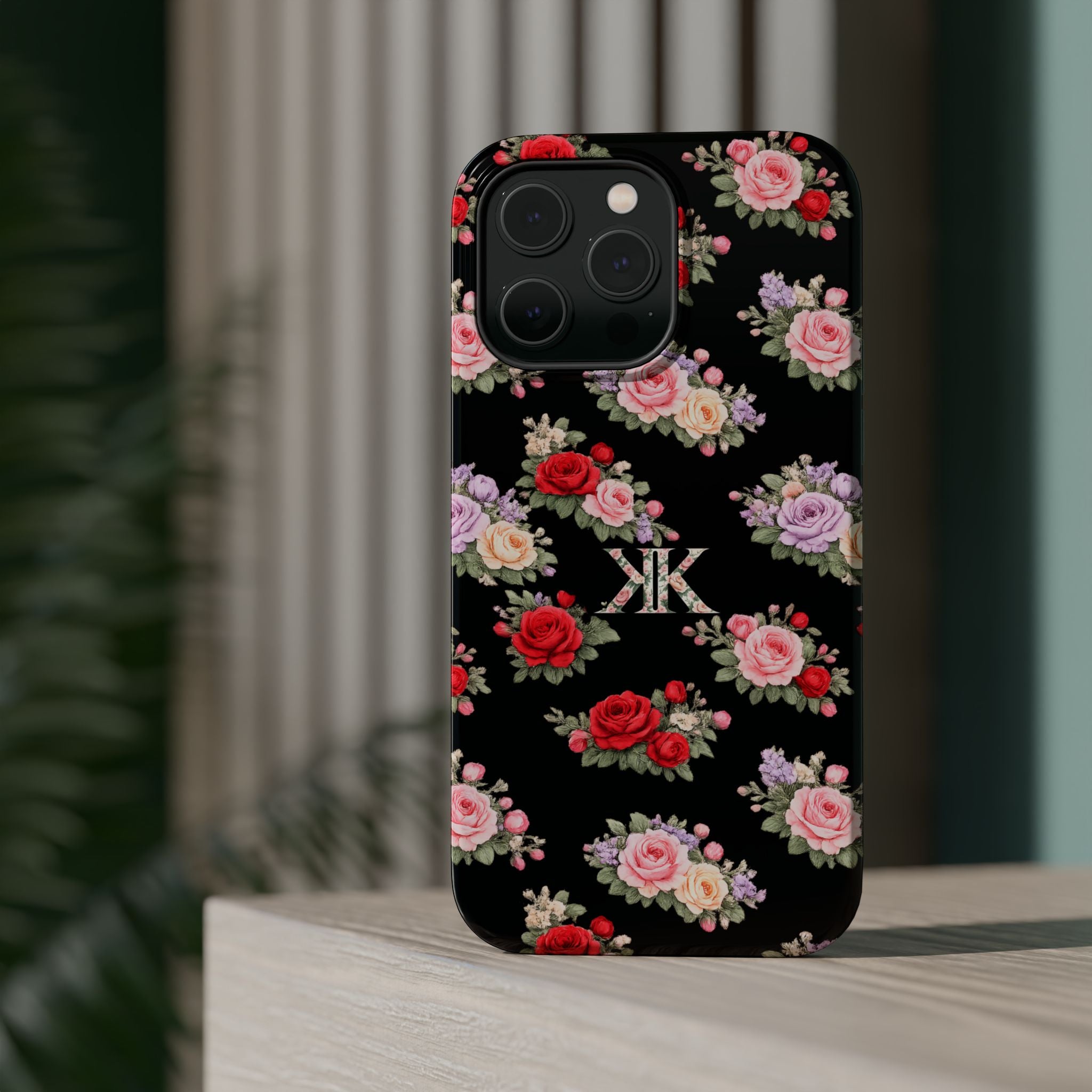 Anthos Collection BLACK Vintage Floral Rose Pattern Magnetic Impact-Resistant Phone Case