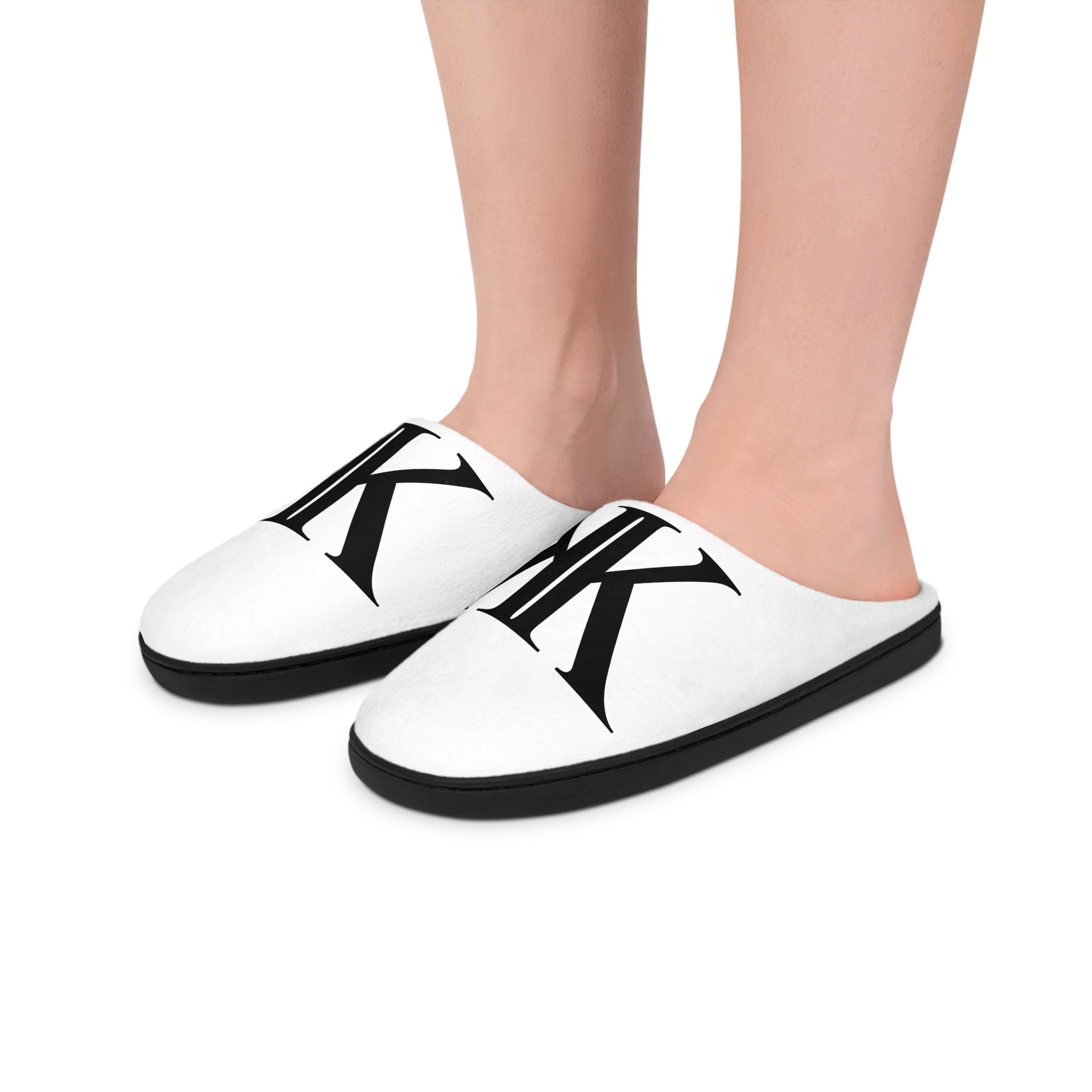 Men's White Indoor Slippers with Bold Black Monogram 'K' — Cozy House Shoes