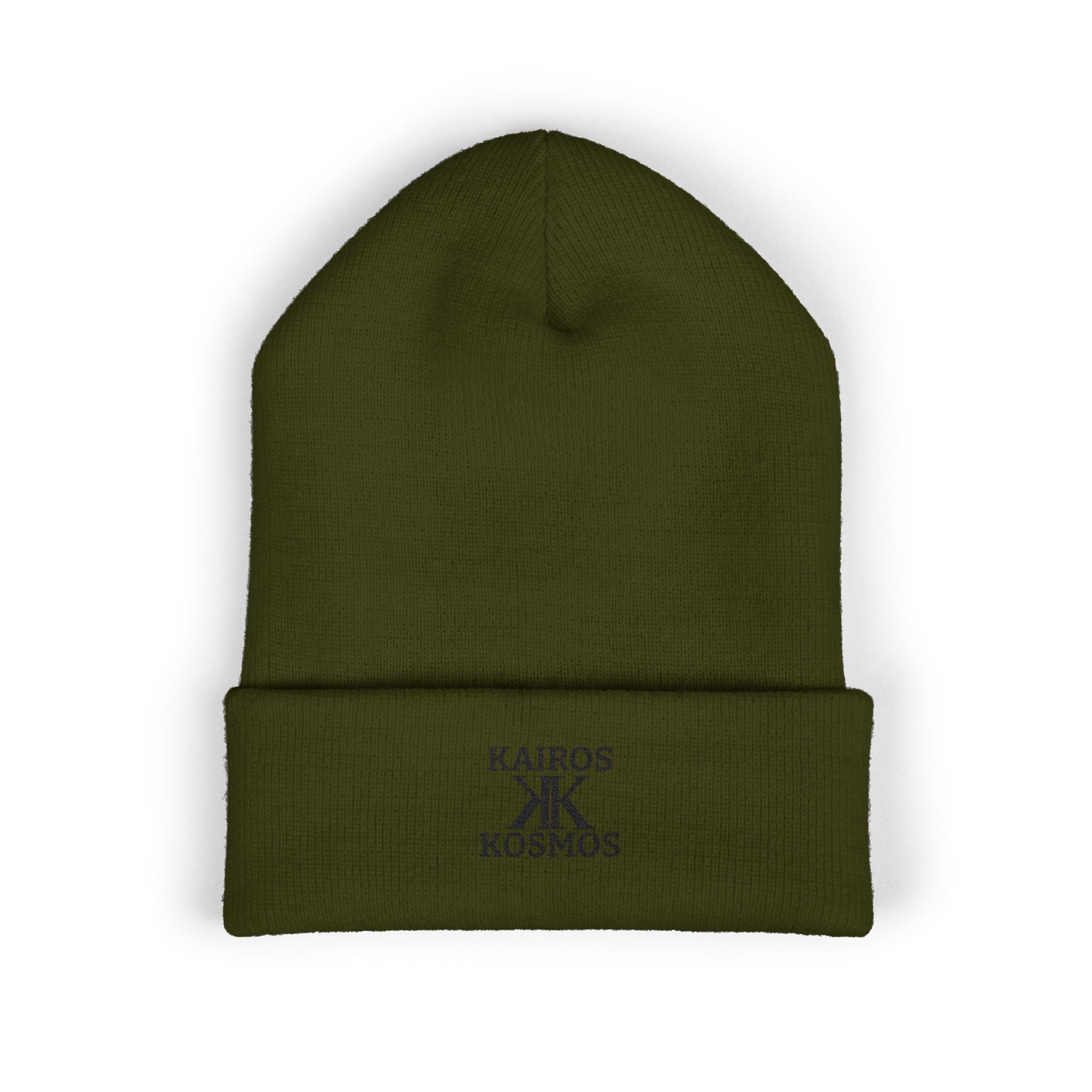 Kairos Kosmos Embroidered Cuffed Beanie — Minimal Logo Knit Hat