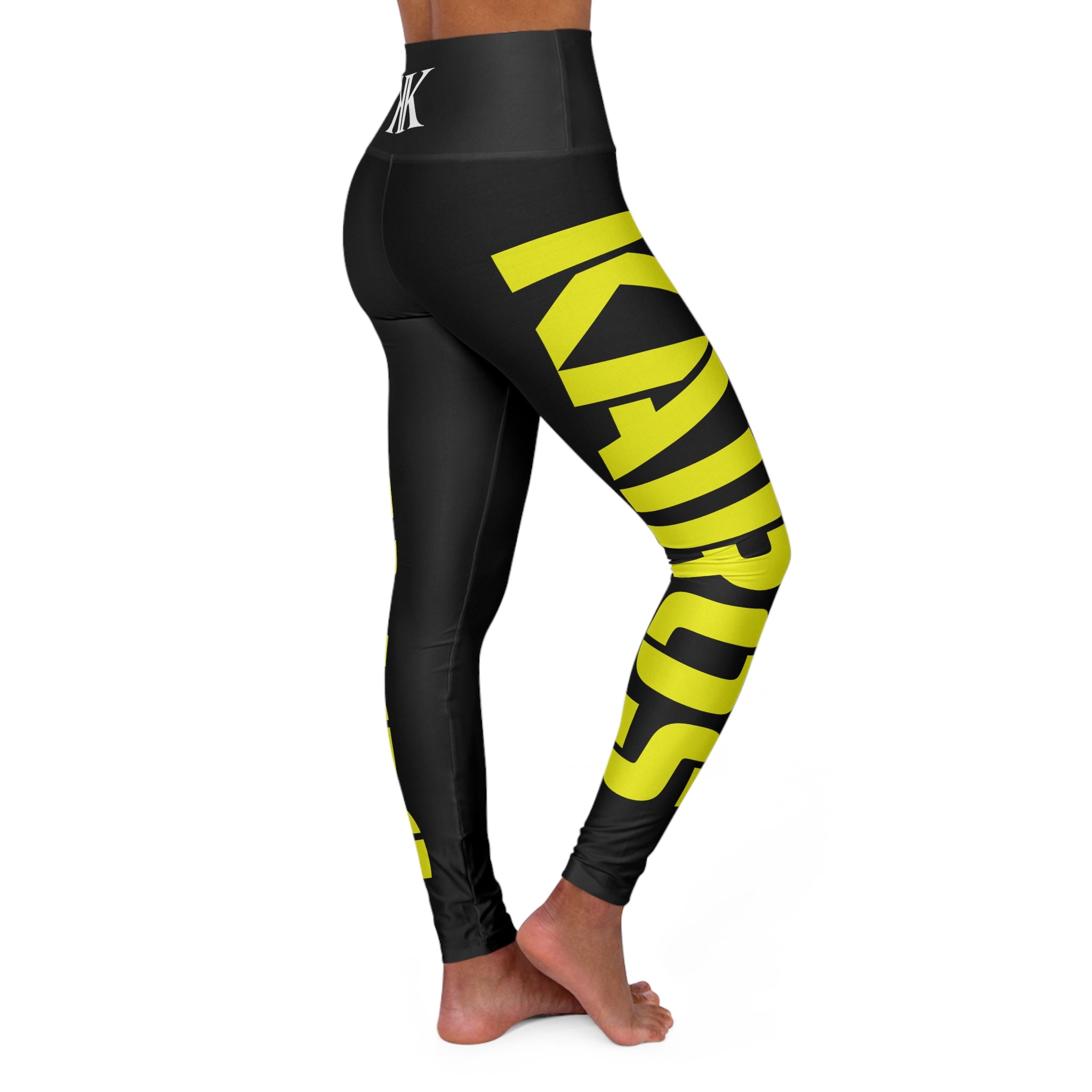 High-Waisted BLACK Yoga Leggings — Bold Yellow Side Script, Logo Waistband