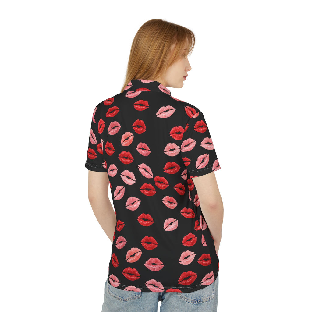 Psyche Collection BLACK Kiss Print Polo Shirt — Allover Red Lip Pattern