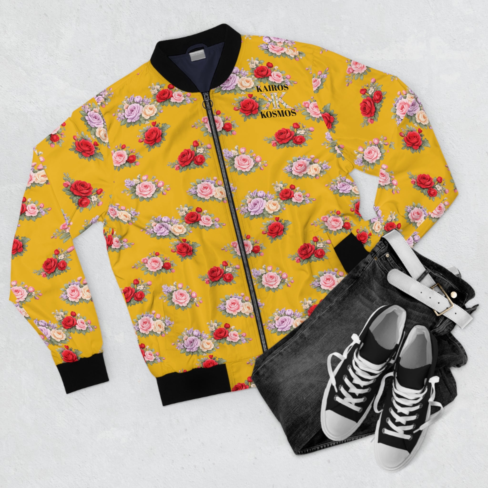 Anthos Collection Floral Rose Yellow Bomber Jacket — Vintage Pink & Red All-Over Print