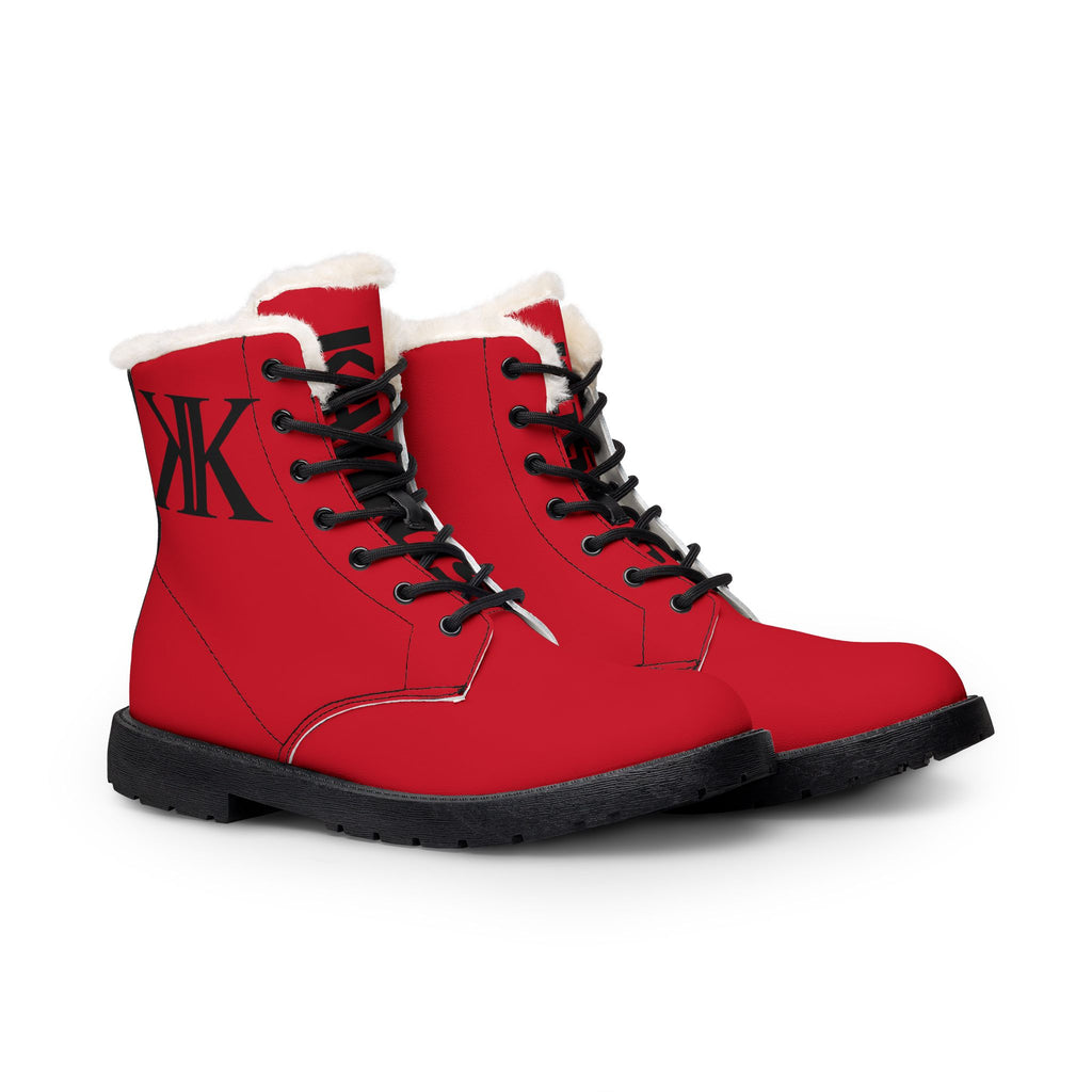 White Fur-Lined RED Leather Boots with Black 'KK' Monogram