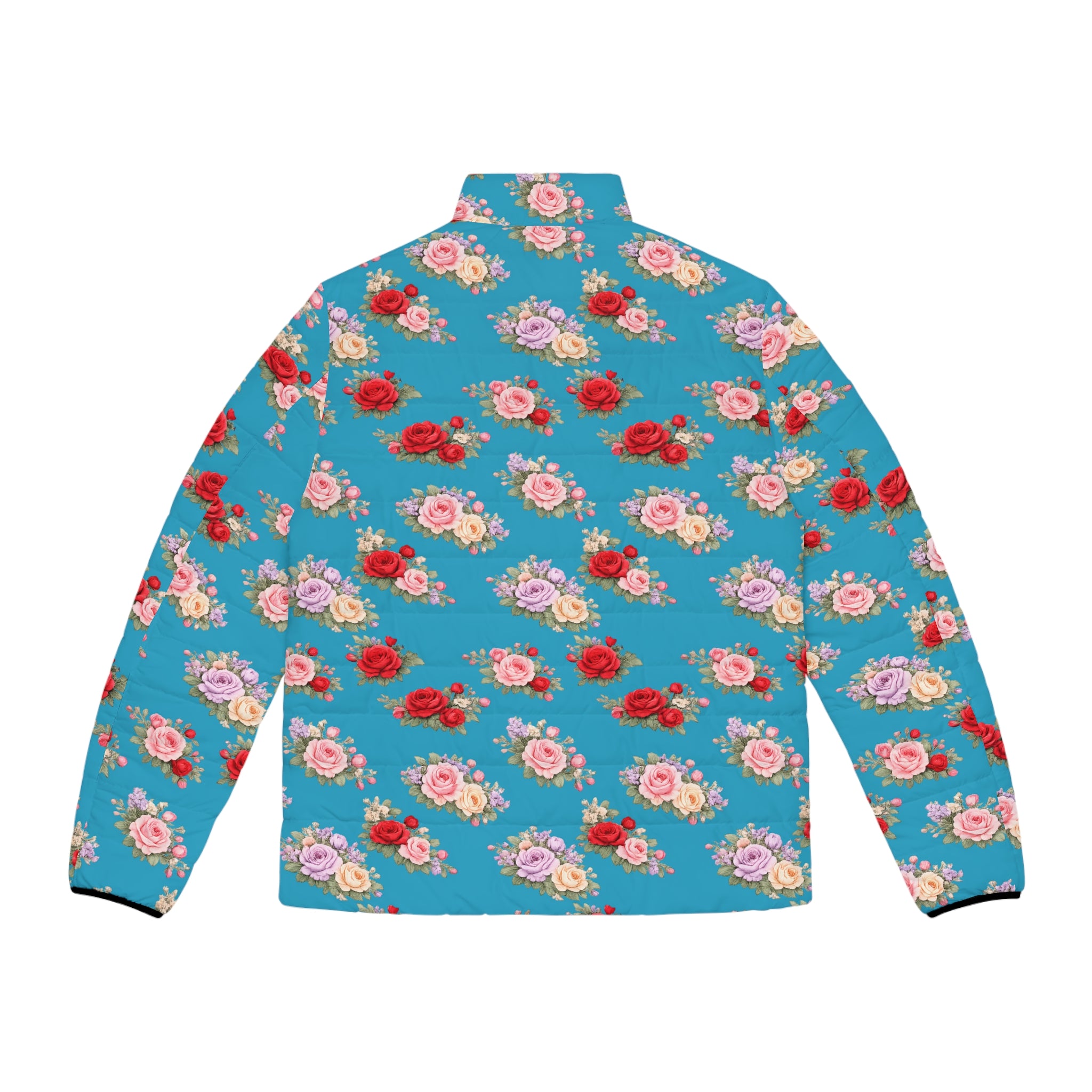 Anthos Collection Turquoise Floral Puffer Jacket - Vintage Rose All-Over Print