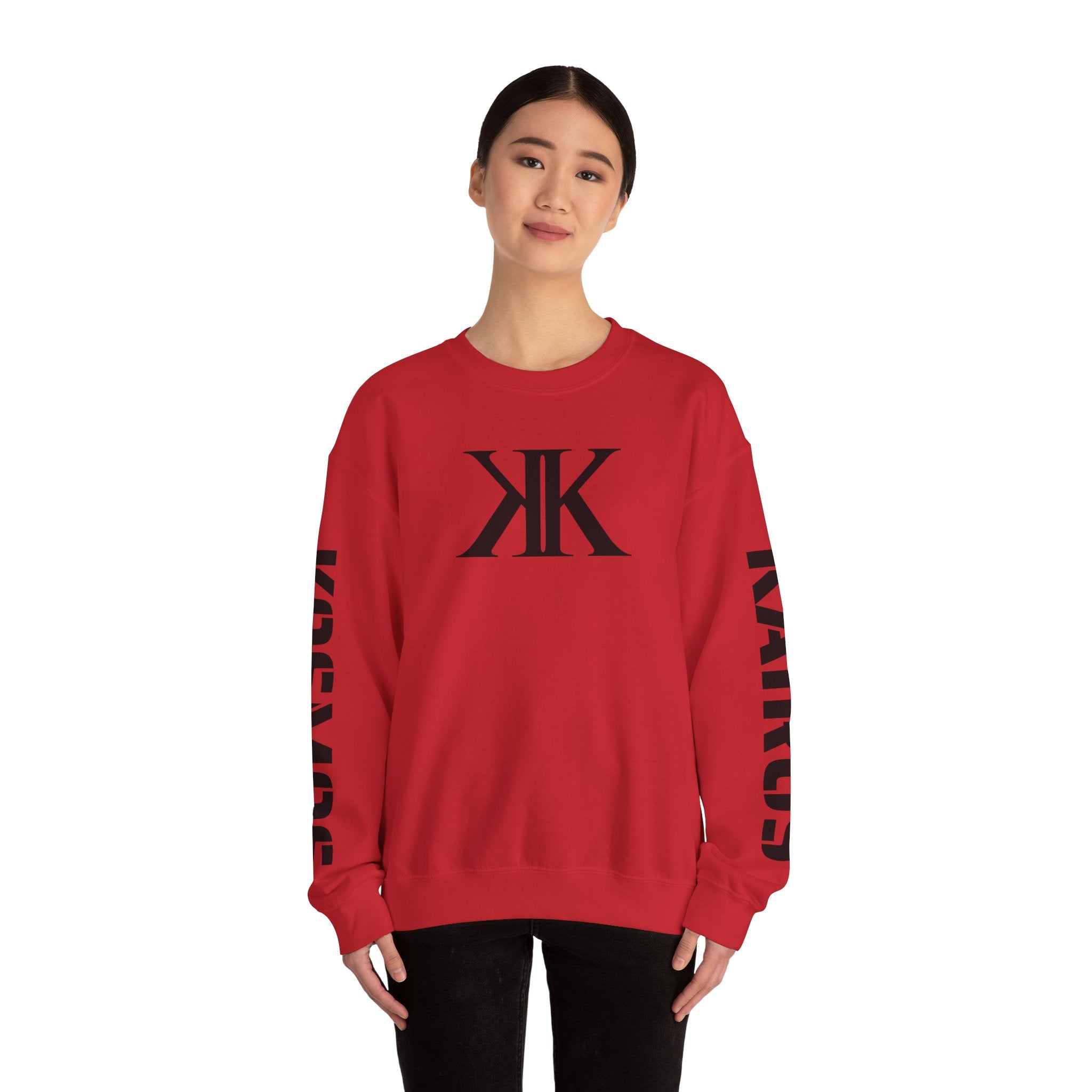 Crewneck Sweatshirt RED — Bold KK Logo with Sleeve Text (Kaurde / Kaurde)