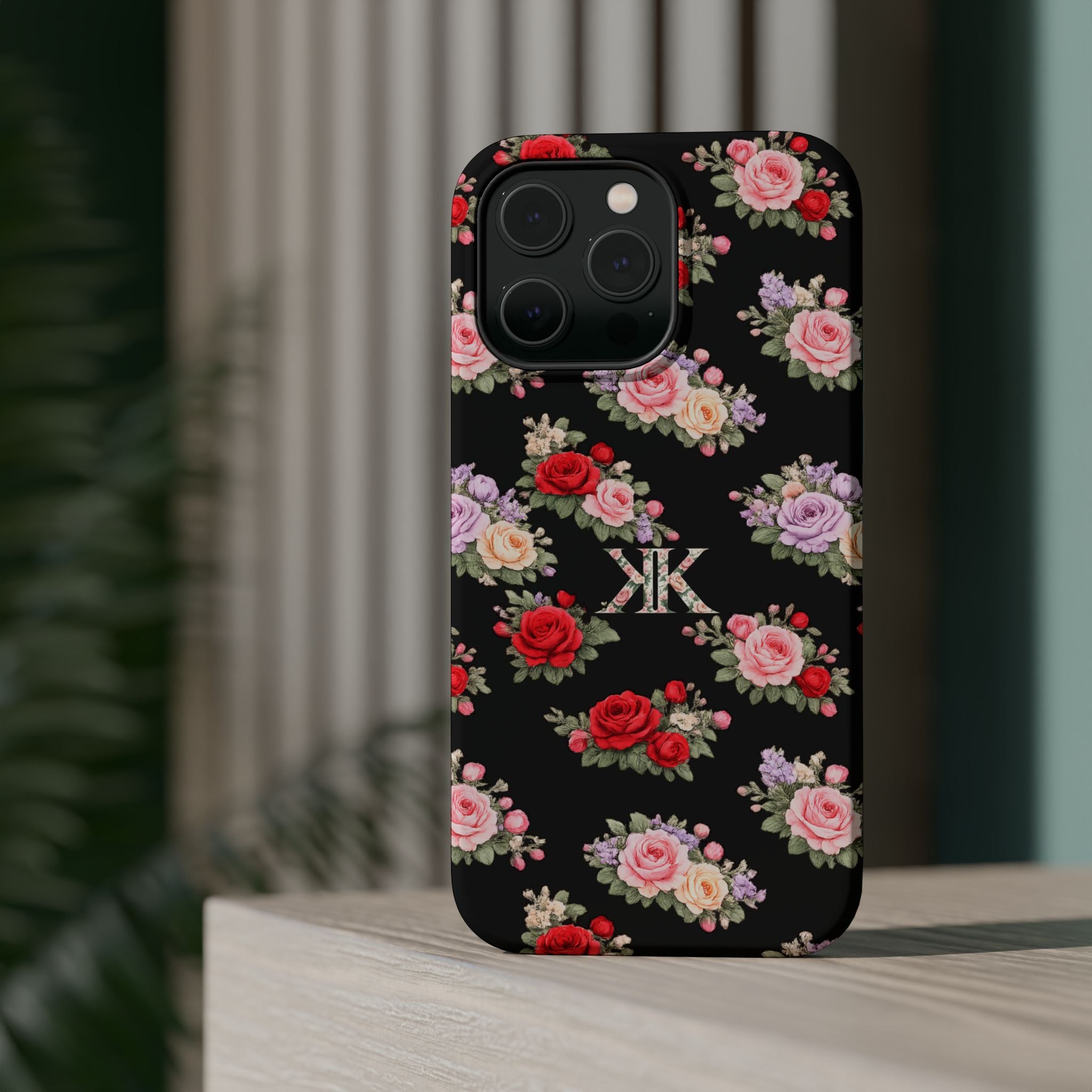 Anthos Collection BLACK Vintage Floral Rose Pattern Magnetic Impact-Resistant Phone Case