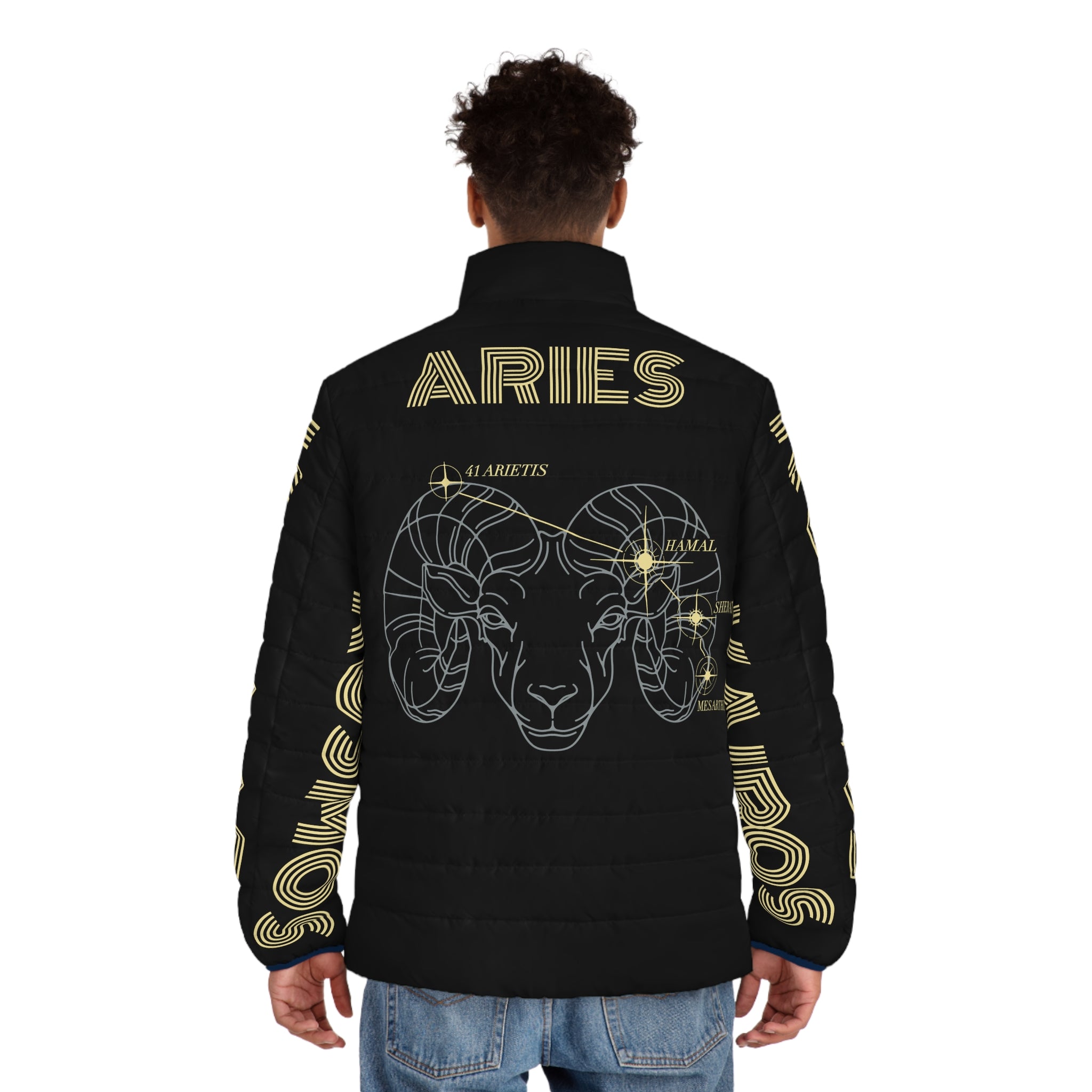 Aether Collection BLACK Aries Puffer Jacket – Zodiac Ram Graphic Men's Jacket
