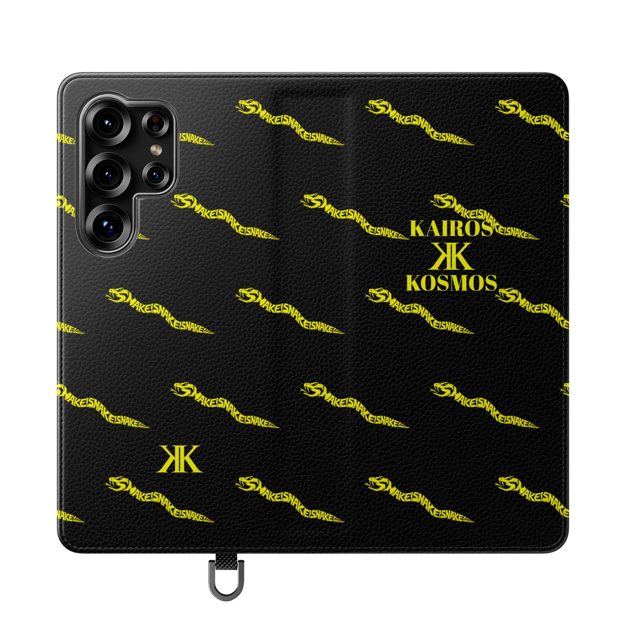 Aspis Collection Flip Case Phone Wallet — Black & Gold Kairos Kosmos Pattern