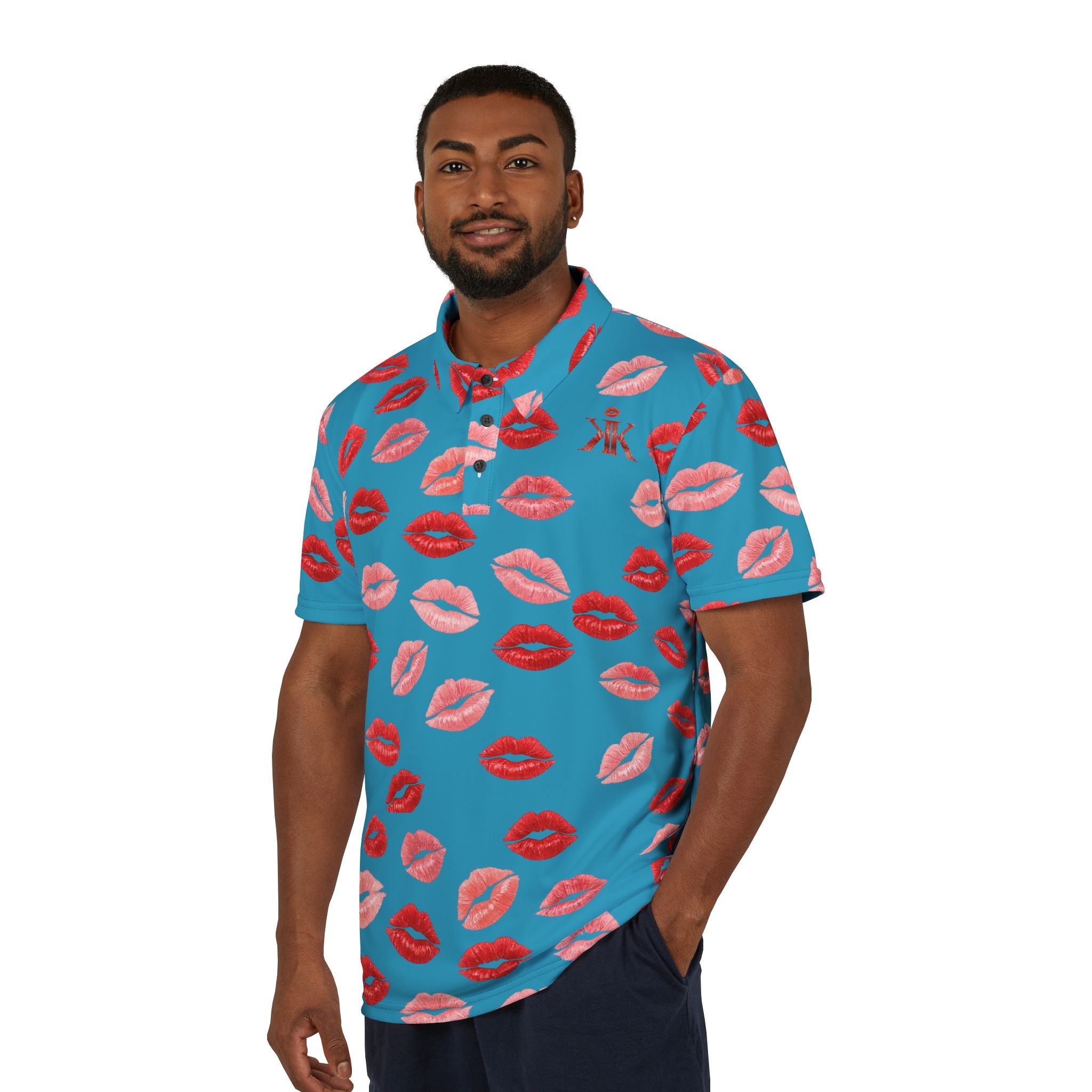 Psyche Collection Turquoise Kiss Print Polo Shirt — Allover Red Lip Pattern