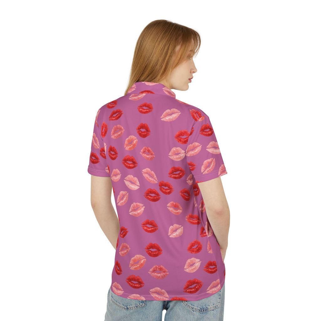 Psyche Collection Light Pink Kiss Print Polo Shirt — Allover Red Lip Pattern